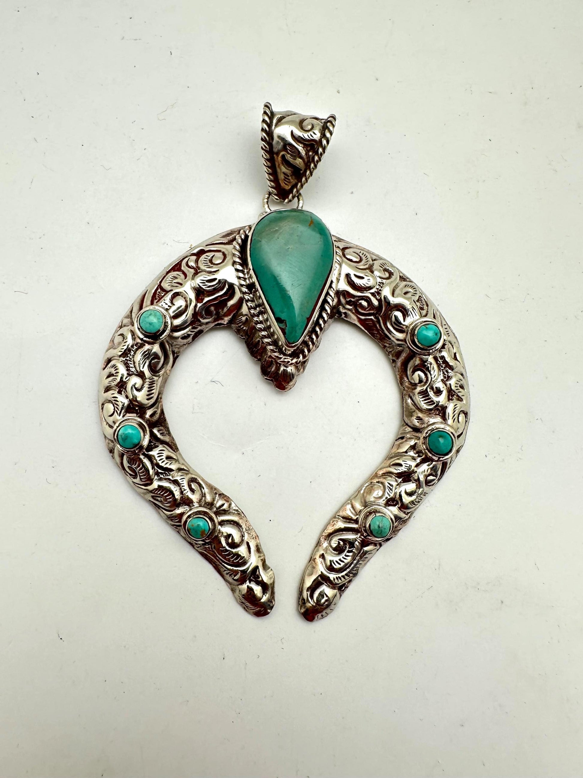 Natural turquoise squash blossom pendant, handcrafted, Tibetan repousse silver,87.5X66.6 mm