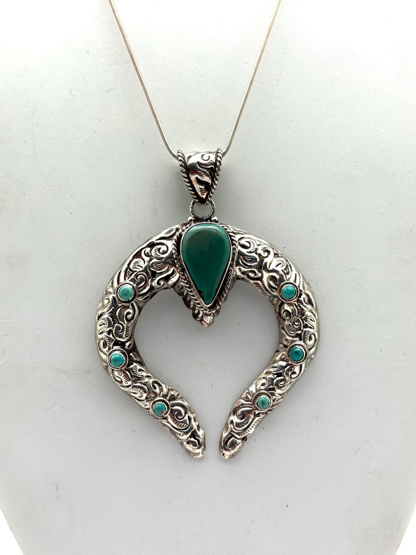 Natural turquoise squash blossom pendant, handcrafted, Tibetan repousse silver,87.5X66.6 mm