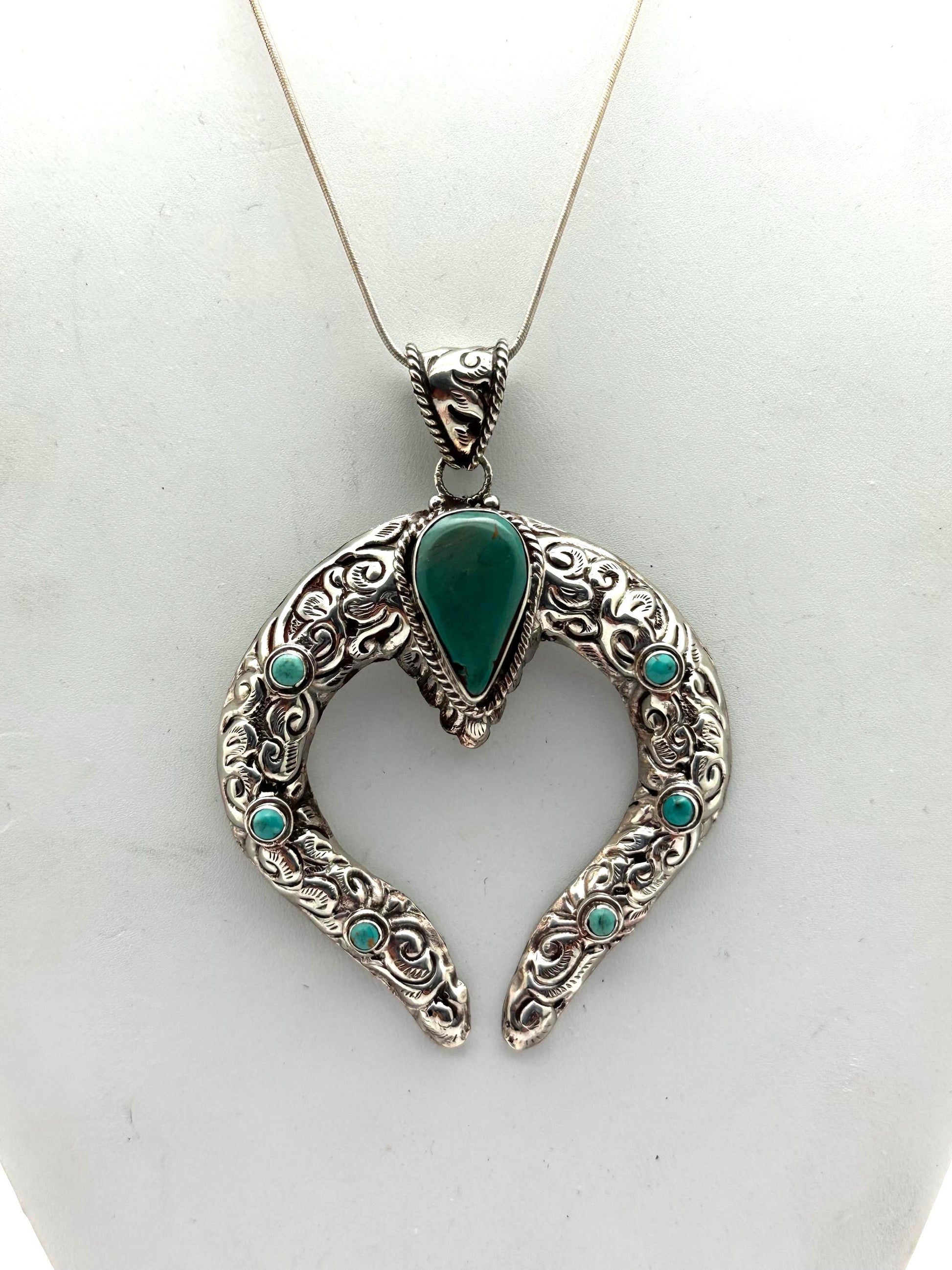 Natural turquoise squash blossom pendant, handcrafted, Tibetan repousse silver,87.5X66.6 mm