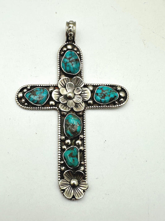 Handcrafted Tibetan Repousse Silver Cross Pendant with Turquoise, Floral Design