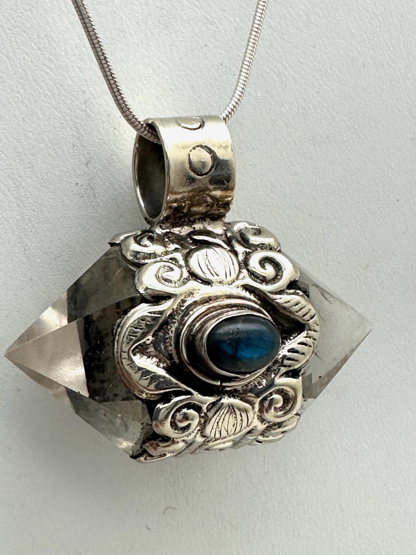 Handcrafted Quartz Double Point Pendant, Tibetan Repousse Silver, Labradorite (30mmX36mm)