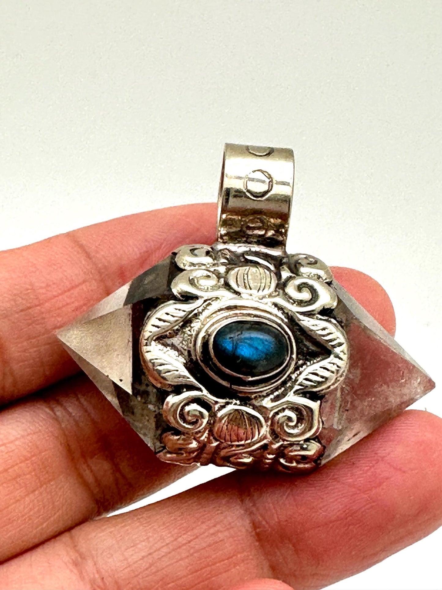 Handcrafted Quartz Double Point Pendant, Tibetan Repousse Silver, Labradorite (30mmX36mm)
