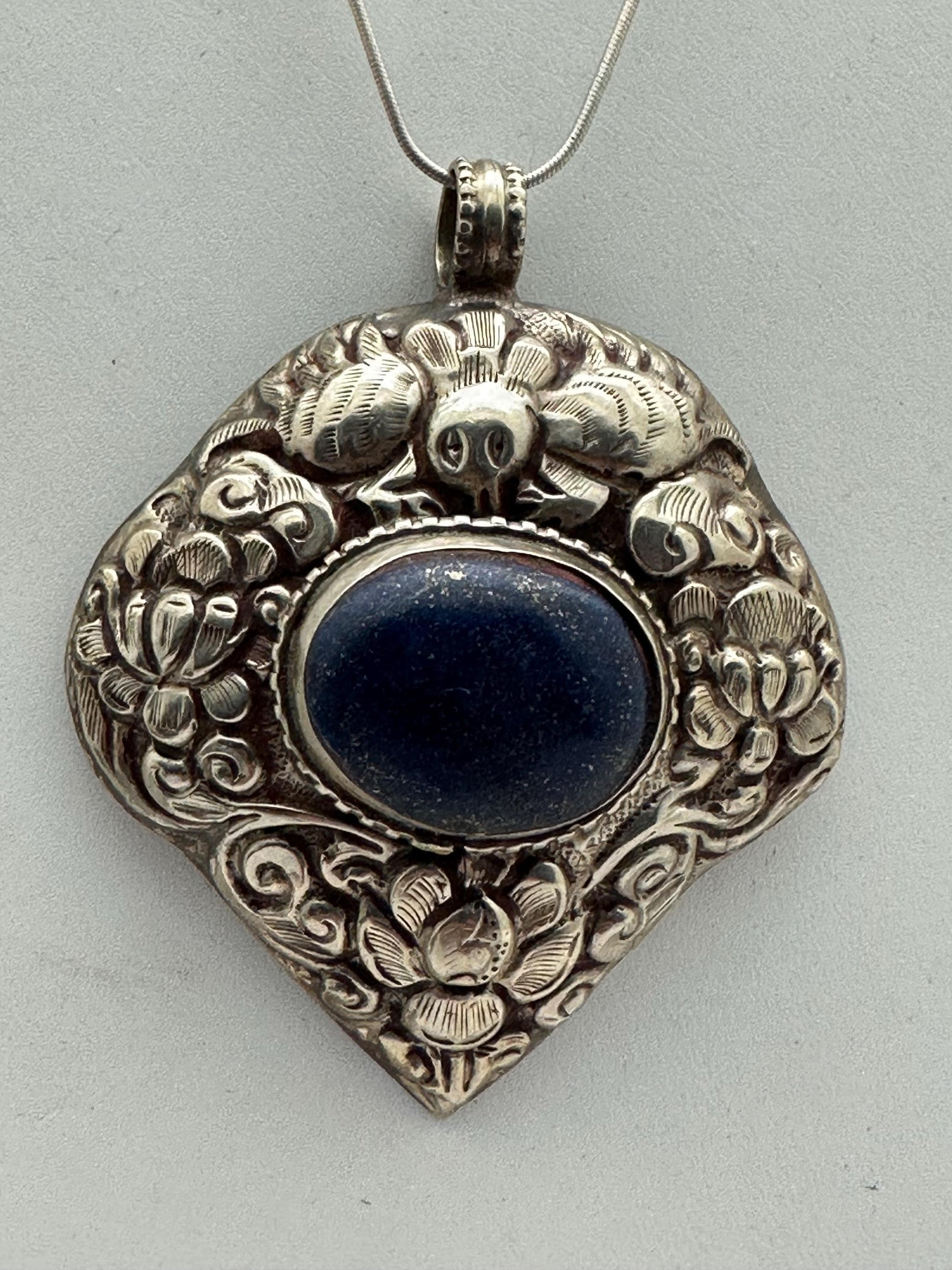 Large Lapis Lazuli Pendant, Tibetan Repousse Silver, handcrafted , Ethnic Bug Lotus Design,73.6X59.1mm