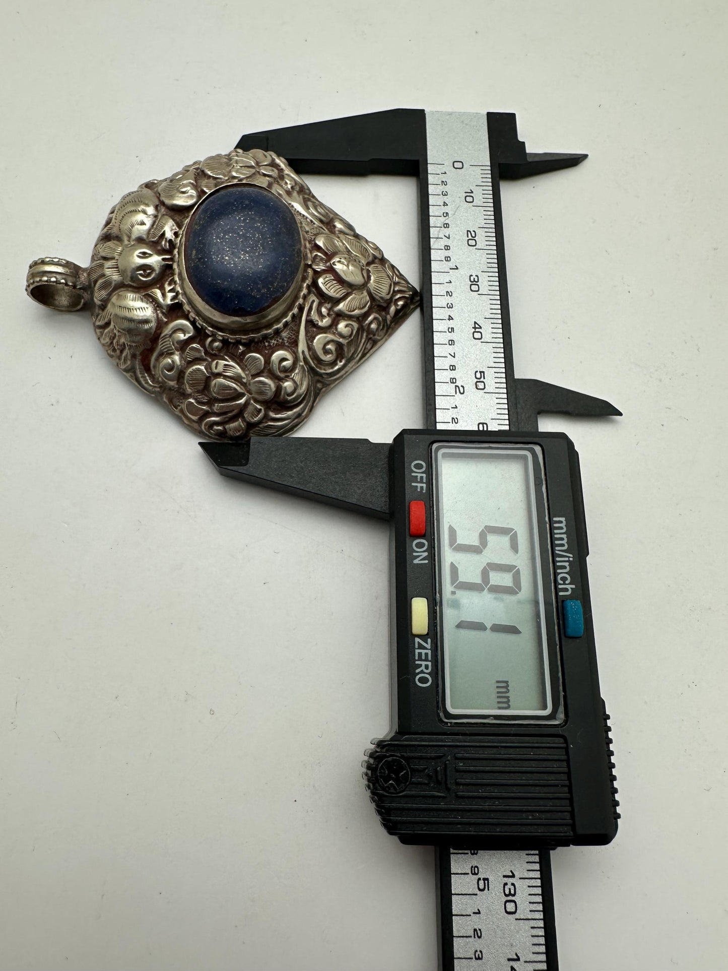 Large Lapis Lazuli Pendant, Tibetan Repousse Silver, handcrafted , Ethnic Bug Lotus Design,73.6X59.1mm