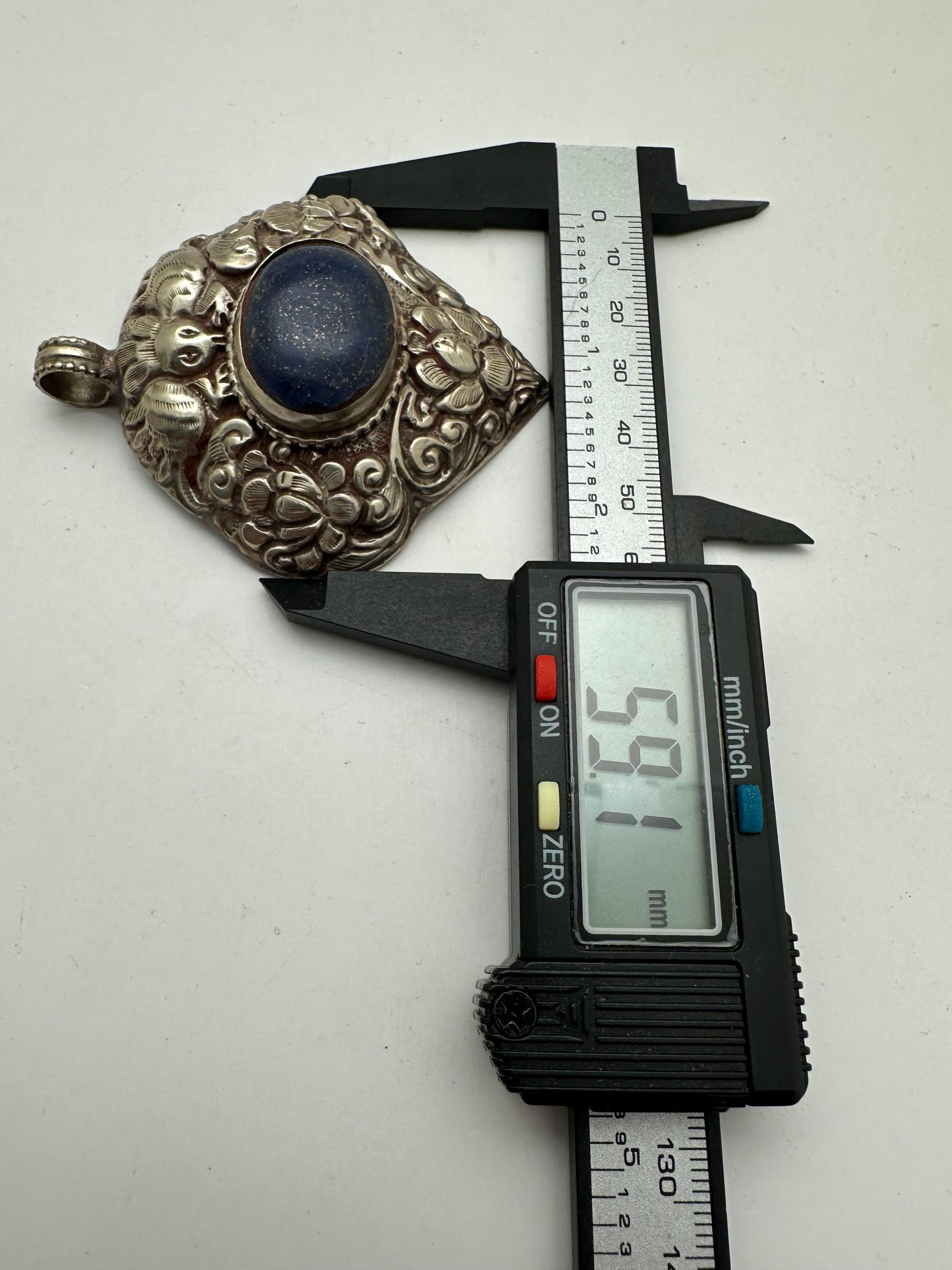 Large Lapis Lazuli Pendant, Tibetan Repousse Silver, handcrafted , Ethnic Bug Lotus Design,73.6X59.1mm