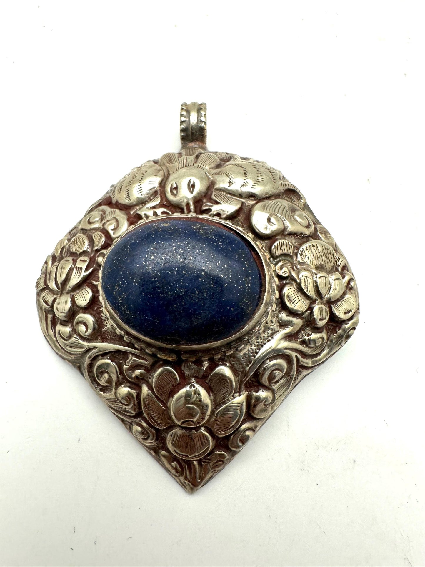 Large Lapis Lazuli Pendant, Tibetan Repousse Silver, handcrafted , Ethnic Bug Lotus Design,73.6X59.1mm