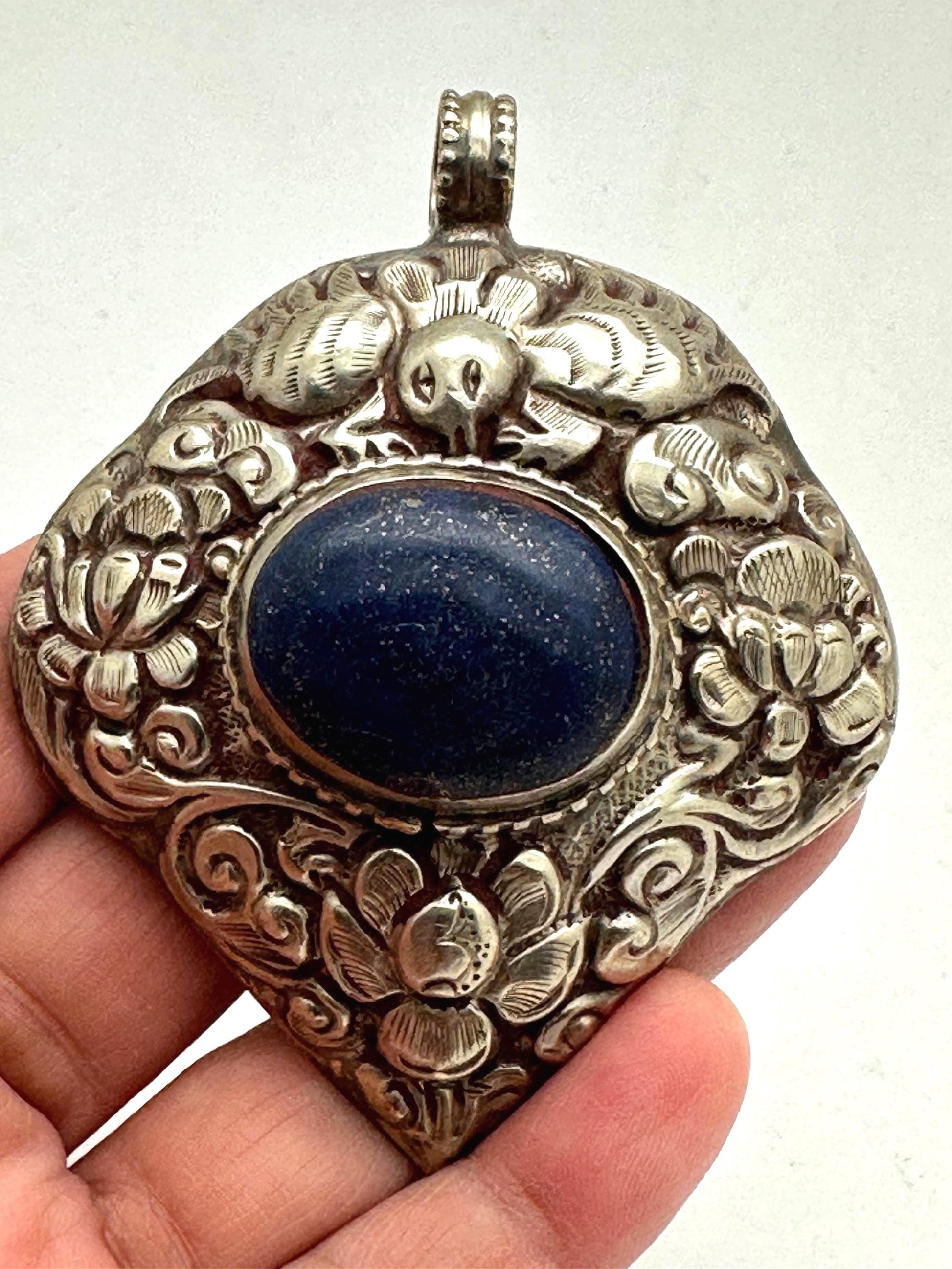 Large Lapis Lazuli Pendant, Tibetan Repousse Silver, handcrafted , Ethnic Bug Lotus Design,73.6X59.1mm