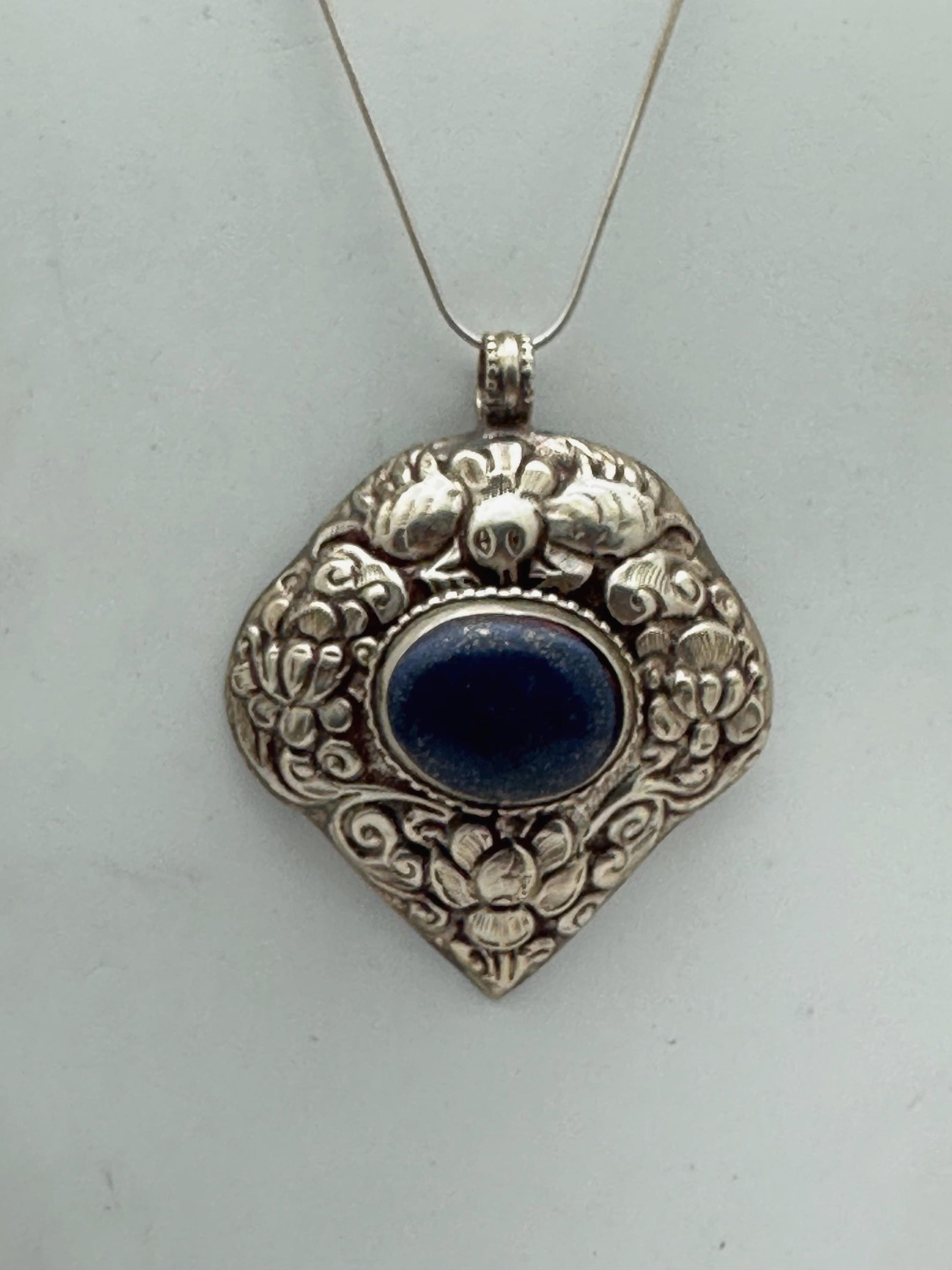 Large Lapis Lazuli Pendant, Tibetan Repousse Silver, handcrafted , Ethnic Bug Lotus Design,73.6X59.1mm