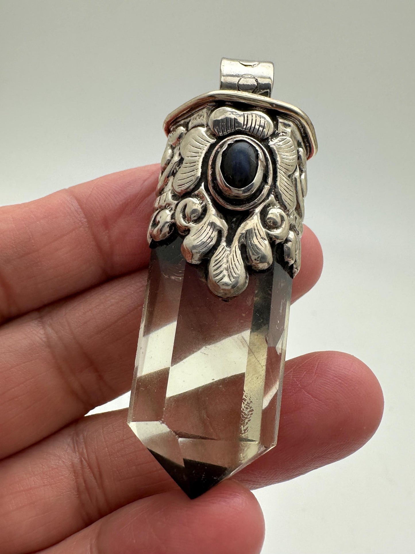 citrine point pendant, handcrafted, Tibetan silver, lapis, 58mmX16mm, weighs about 25gm