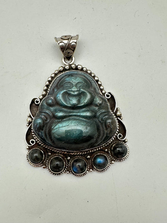 Carved Labradorite Laughing Buddha Pendant, Tibetan Silver Amulet, Luck Prosperity (67mmX46mm)
