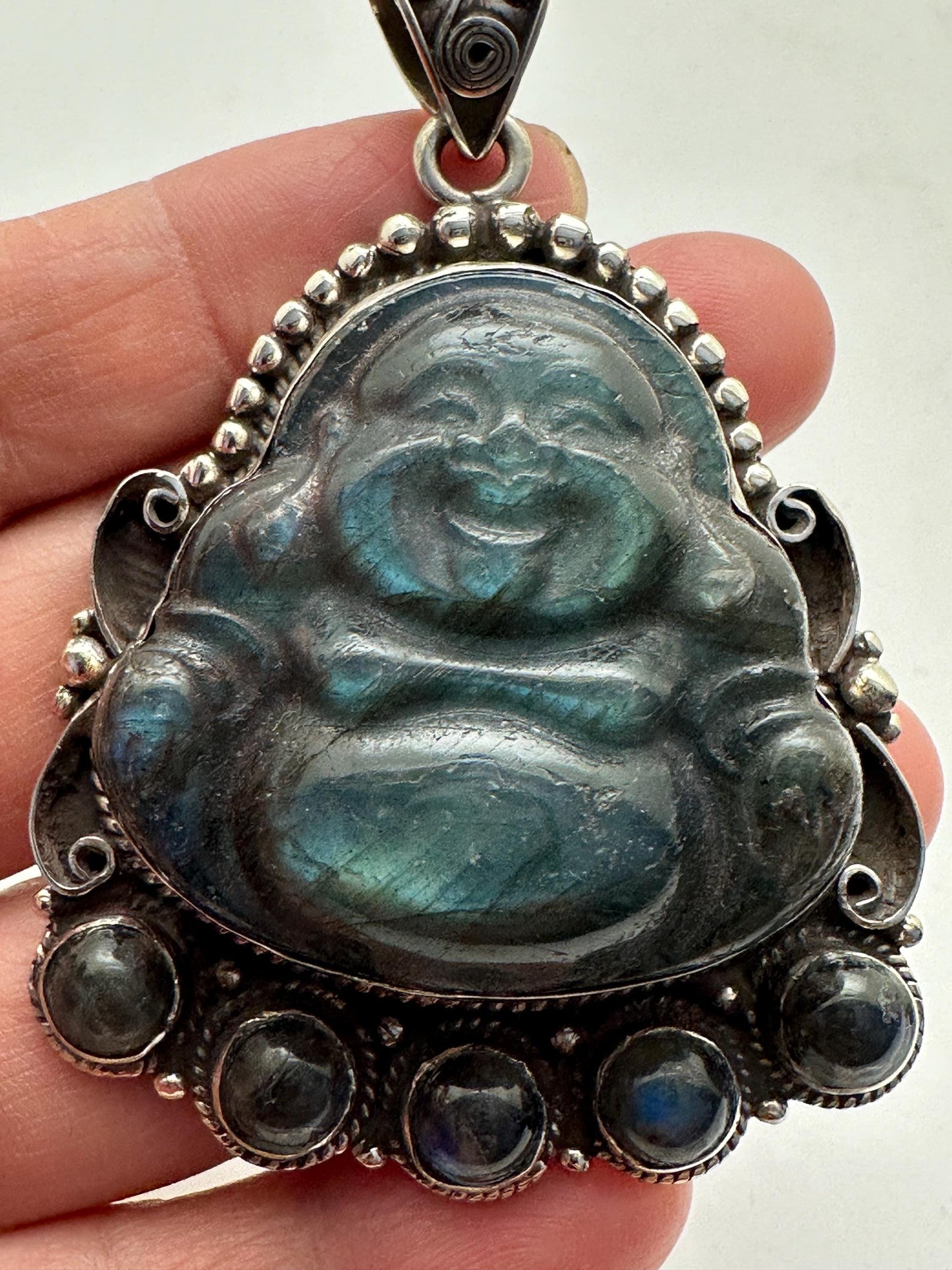 Carved Labradorite Laughing Buddha Pendant, Tibetan Silver Amulet, Luck Prosperity (67mmX46mm)