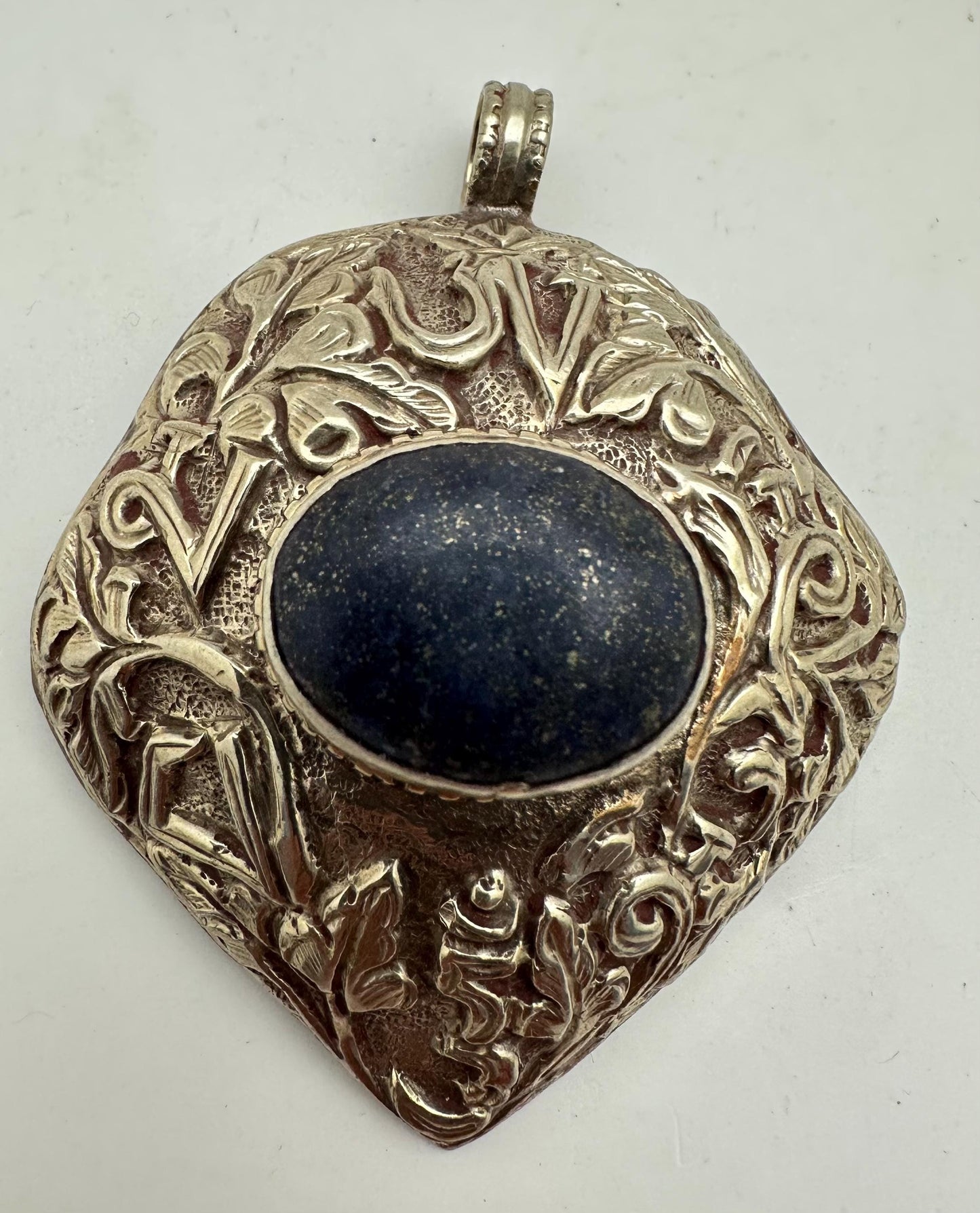 lapis pendant, handcrafted, tibetan repousse silver, Om mani padme hoon, floral, ethnic style,
