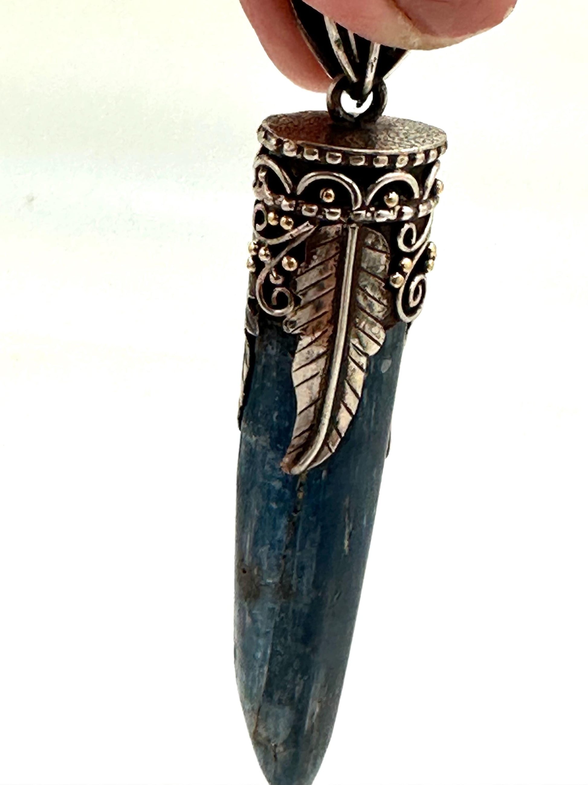 Kyanite pendant ,handcrafted, Tibetan silver,floral,Nepalese,81mmX12mm,weighs about 24gm