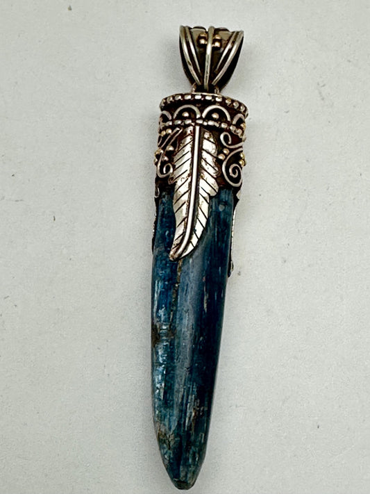 Kyanite pendant ,handcrafted, Tibetan silver,floral,Nepalese,81mmX12mm,weighs about 24gm