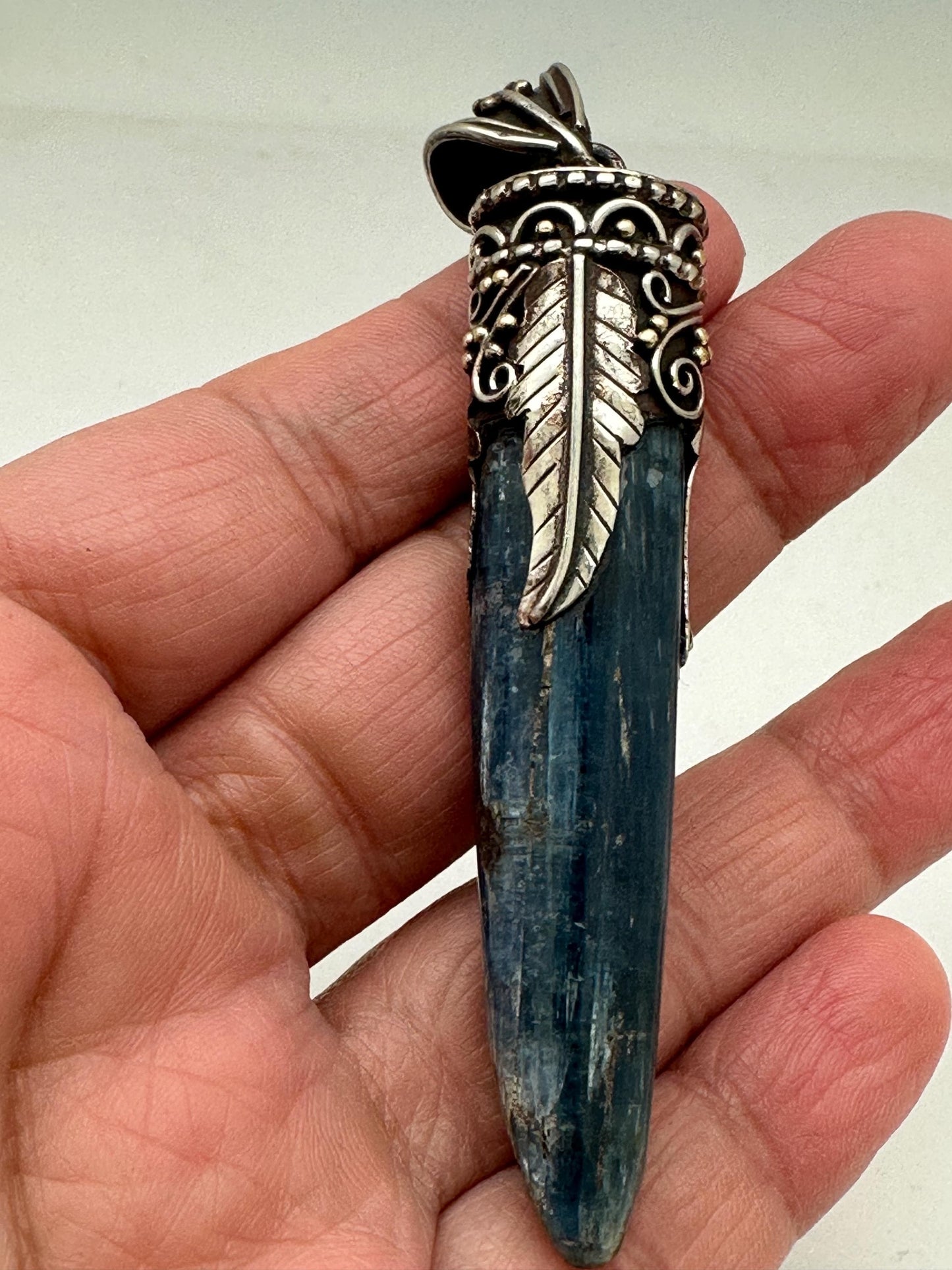 Kyanite pendant ,handcrafted, Tibetan silver,floral,Nepalese,81mmX12mm,weighs about 24gm