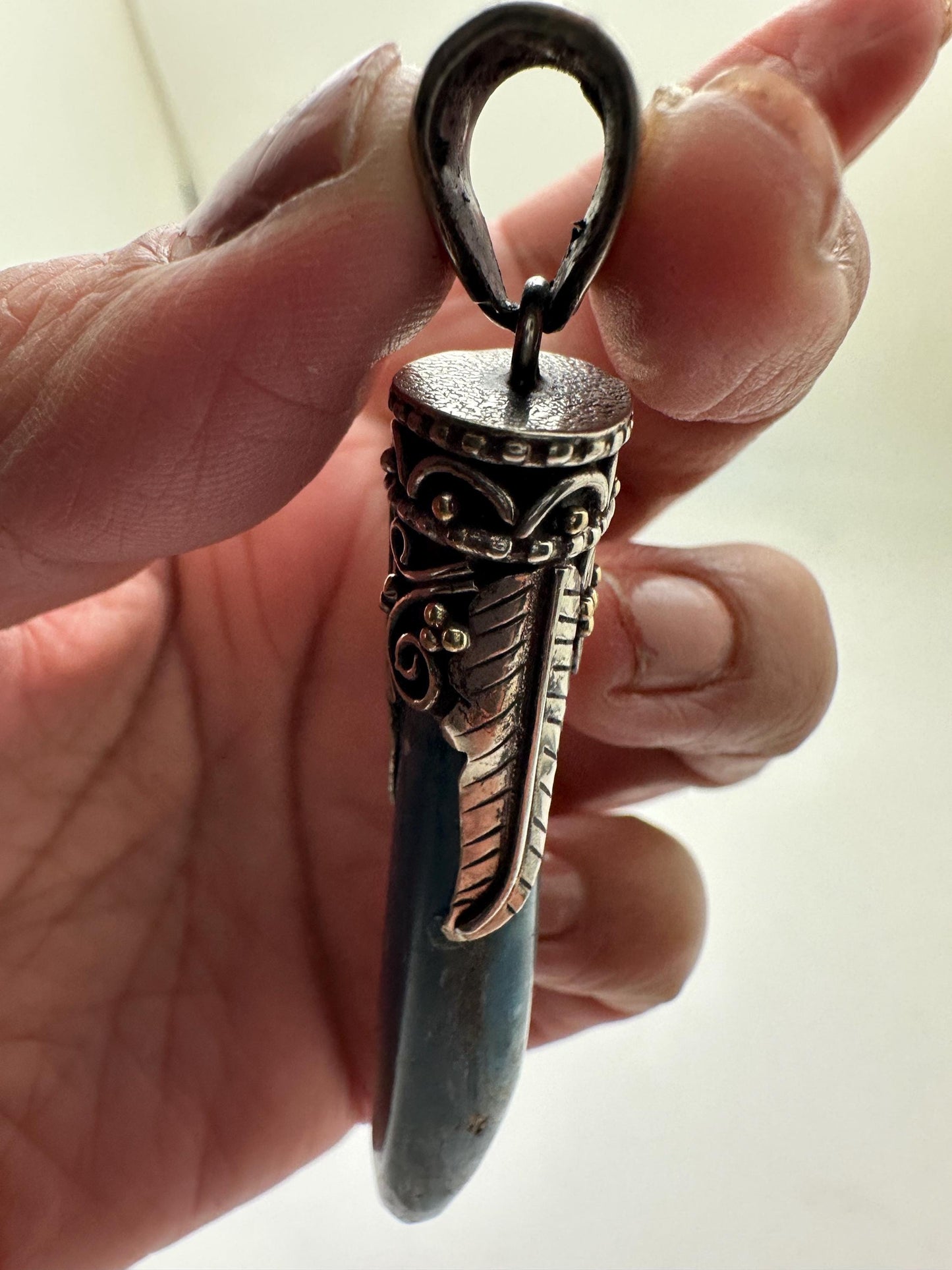 Kyanite pendant ,handcrafted, Tibetan silver,floral,Nepalese,81mmX12mm,weighs about 24gm