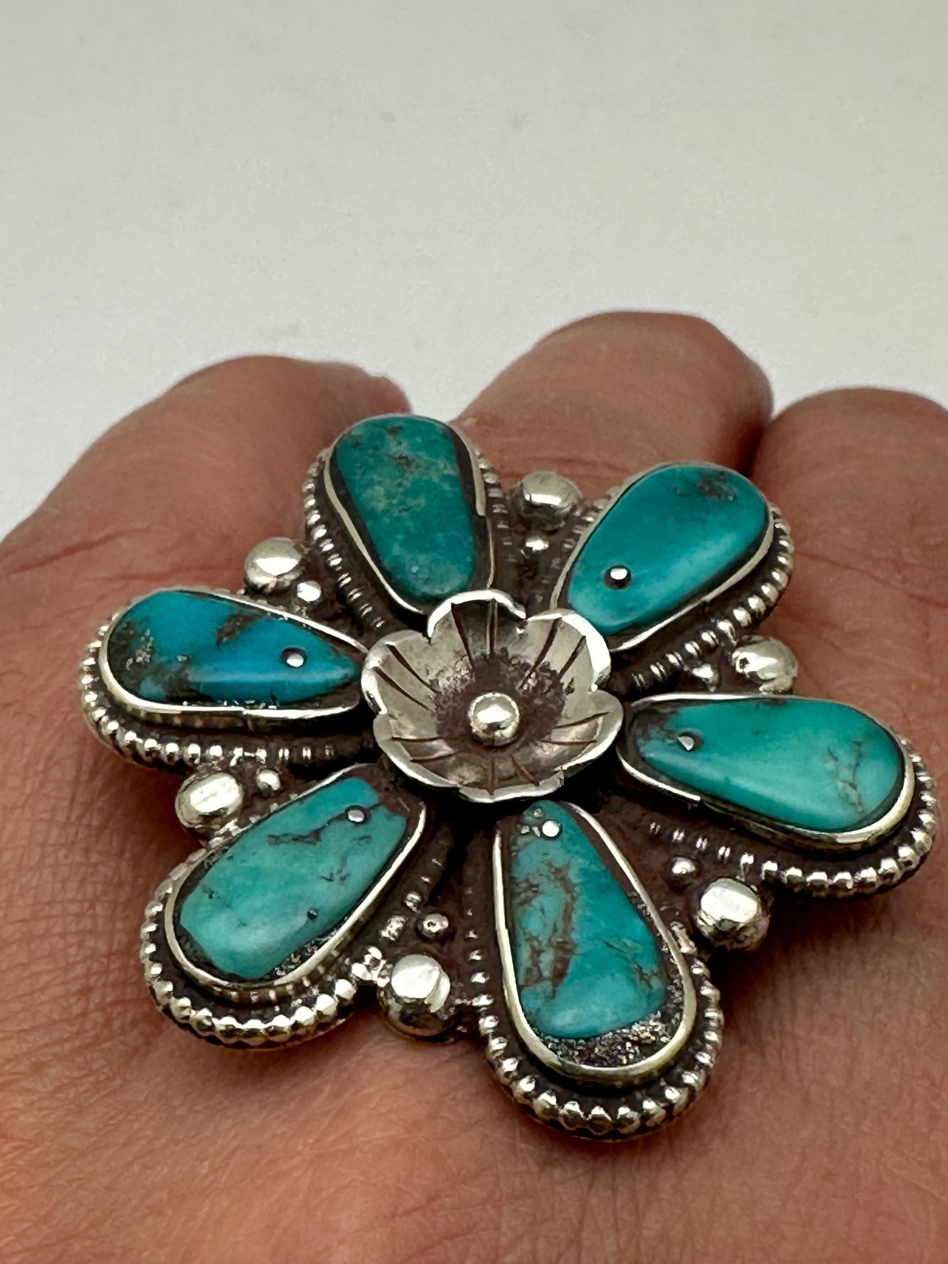 Turquoise Floral Ring, Handcrafted Tibetan Silver, Adjustable Ethnic Style (39mmX39mm)