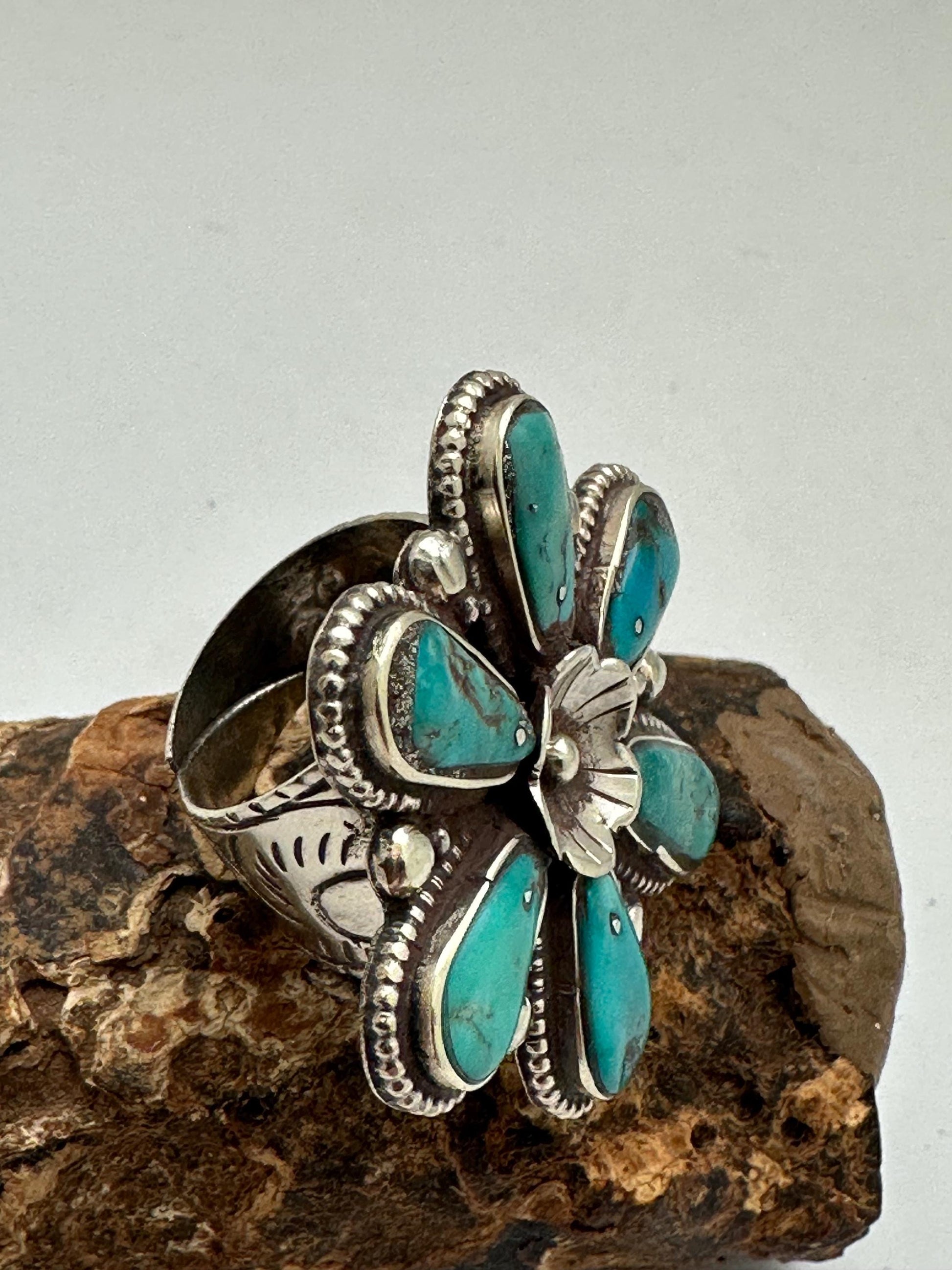 Turquoise Floral Ring, Handcrafted Tibetan Silver, Adjustable Ethnic Style (39mmX39mm)