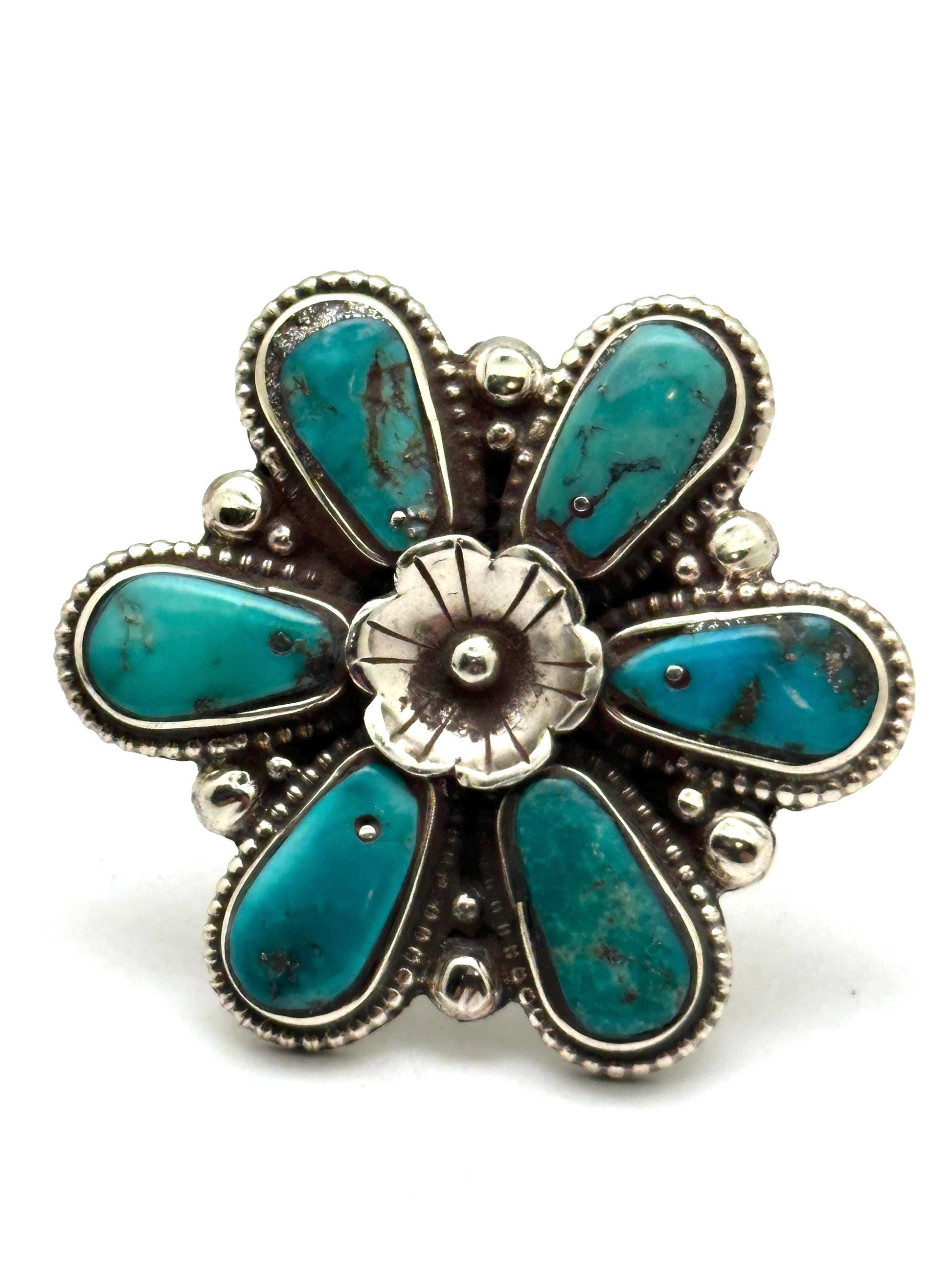 Turquoise Floral Ring, Handcrafted Tibetan Silver, Adjustable Ethnic Style (39mmX39mm)
