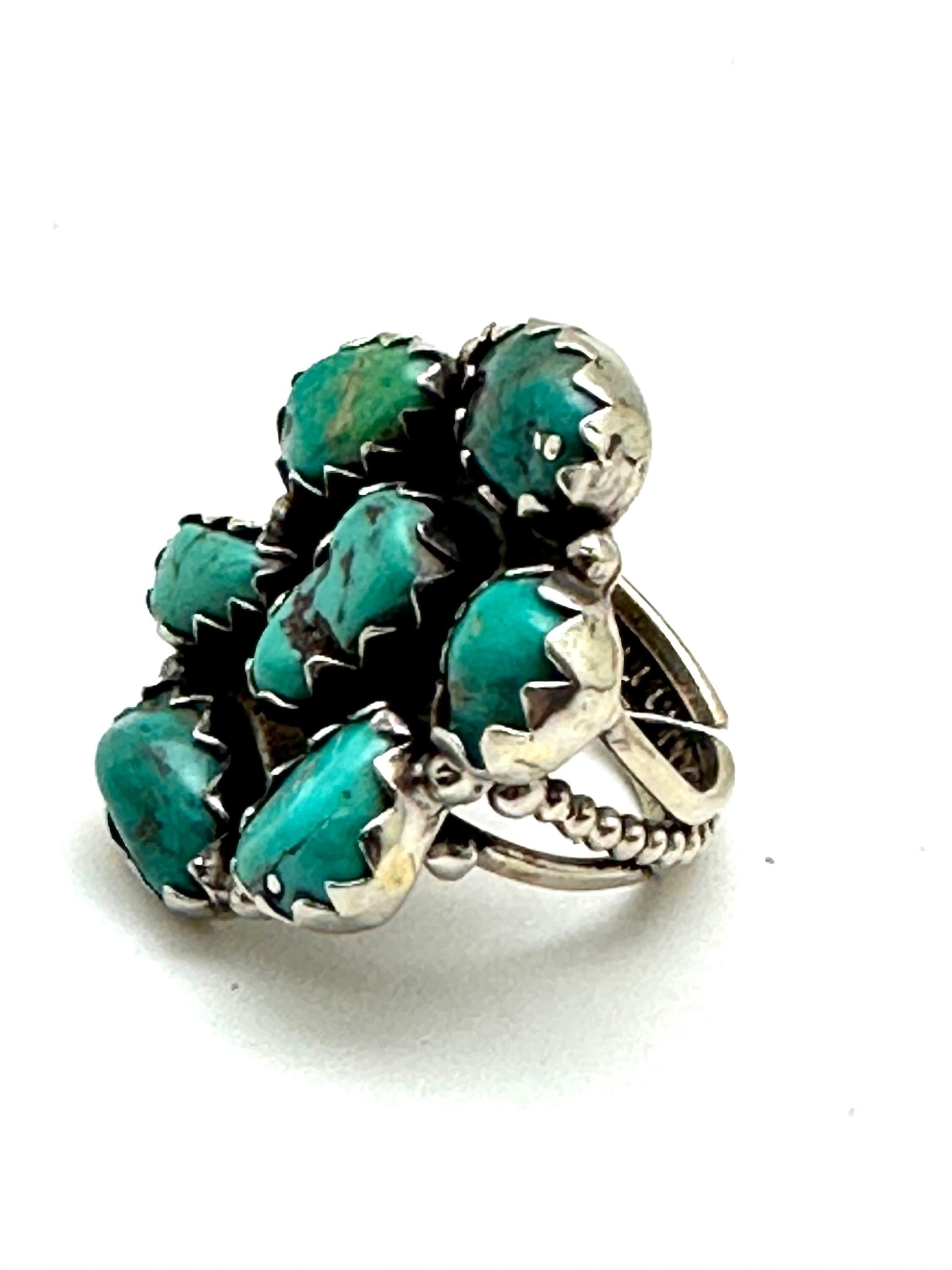 Handcrafted Turquoise Floral Ring, Tibetan Repousse Silver, Ethnic Style, Adjustable