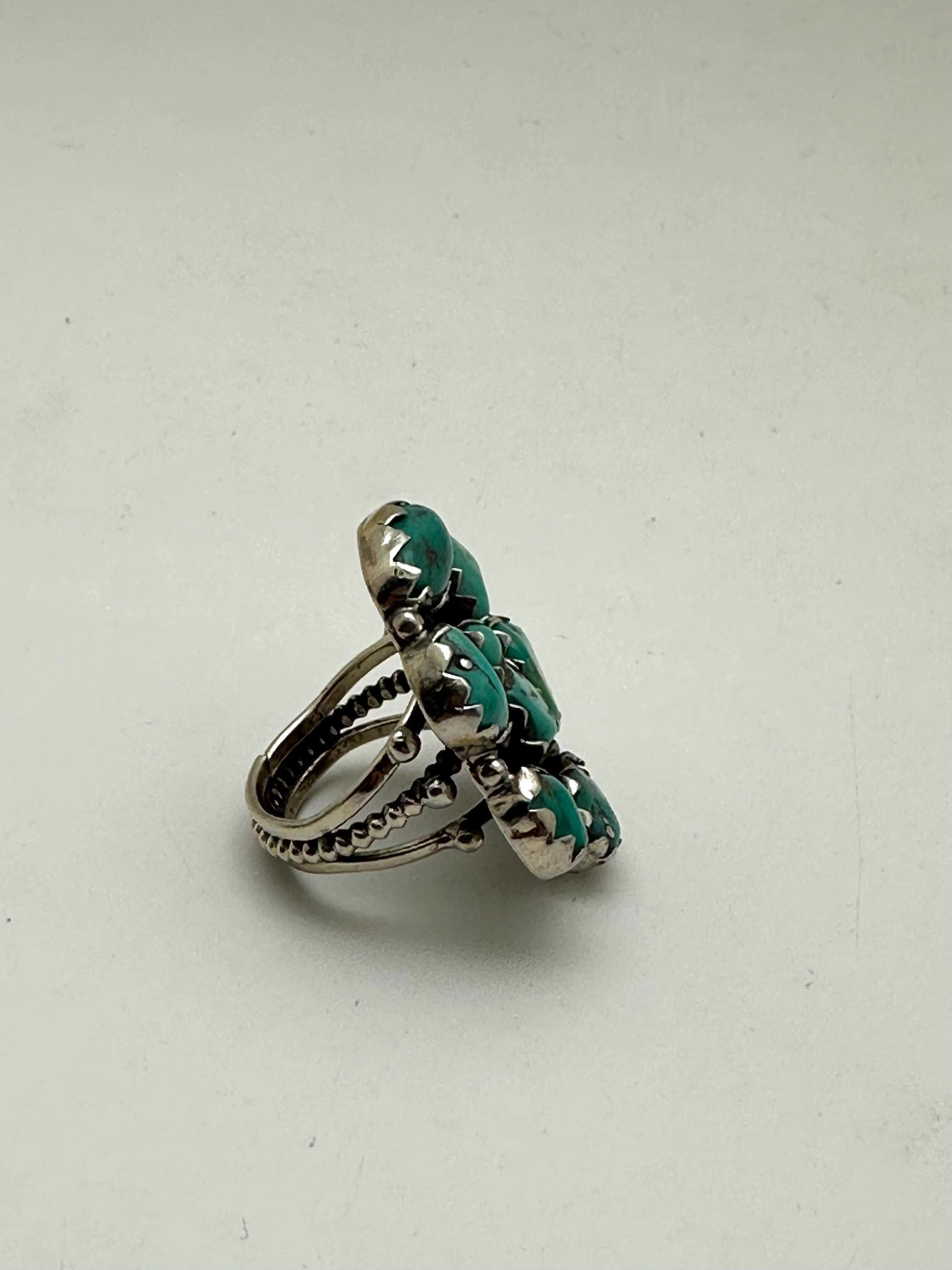 Handcrafted Turquoise Floral Ring, Tibetan Repousse Silver, Ethnic Style, Adjustable