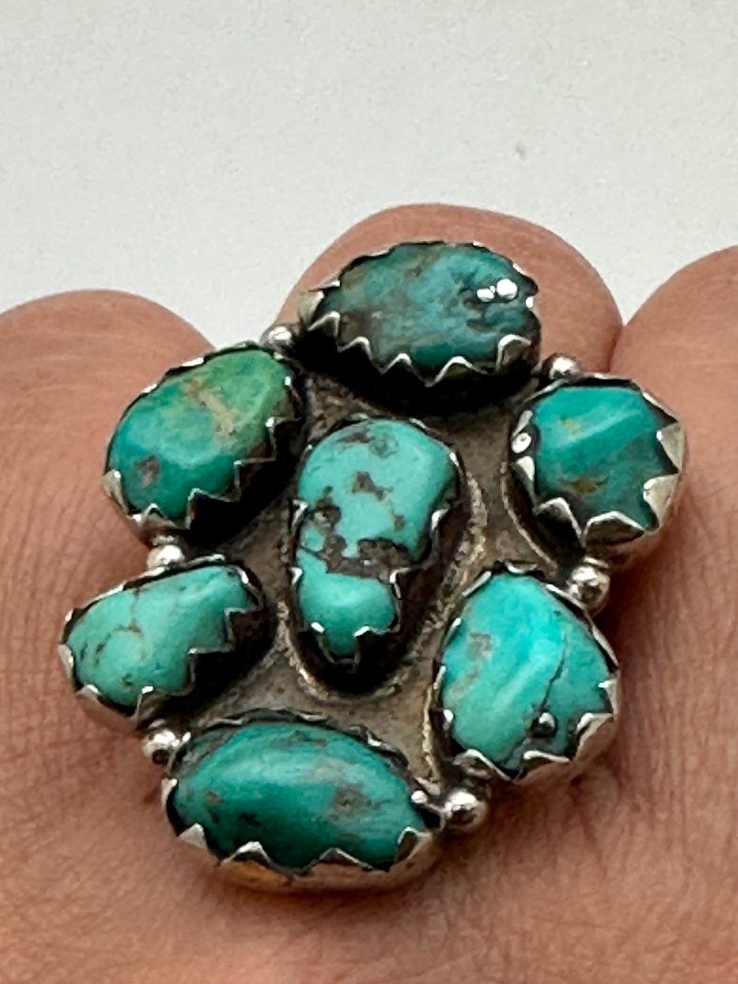 Handcrafted Turquoise Floral Ring, Tibetan Repousse Silver, Ethnic Style, Adjustable
