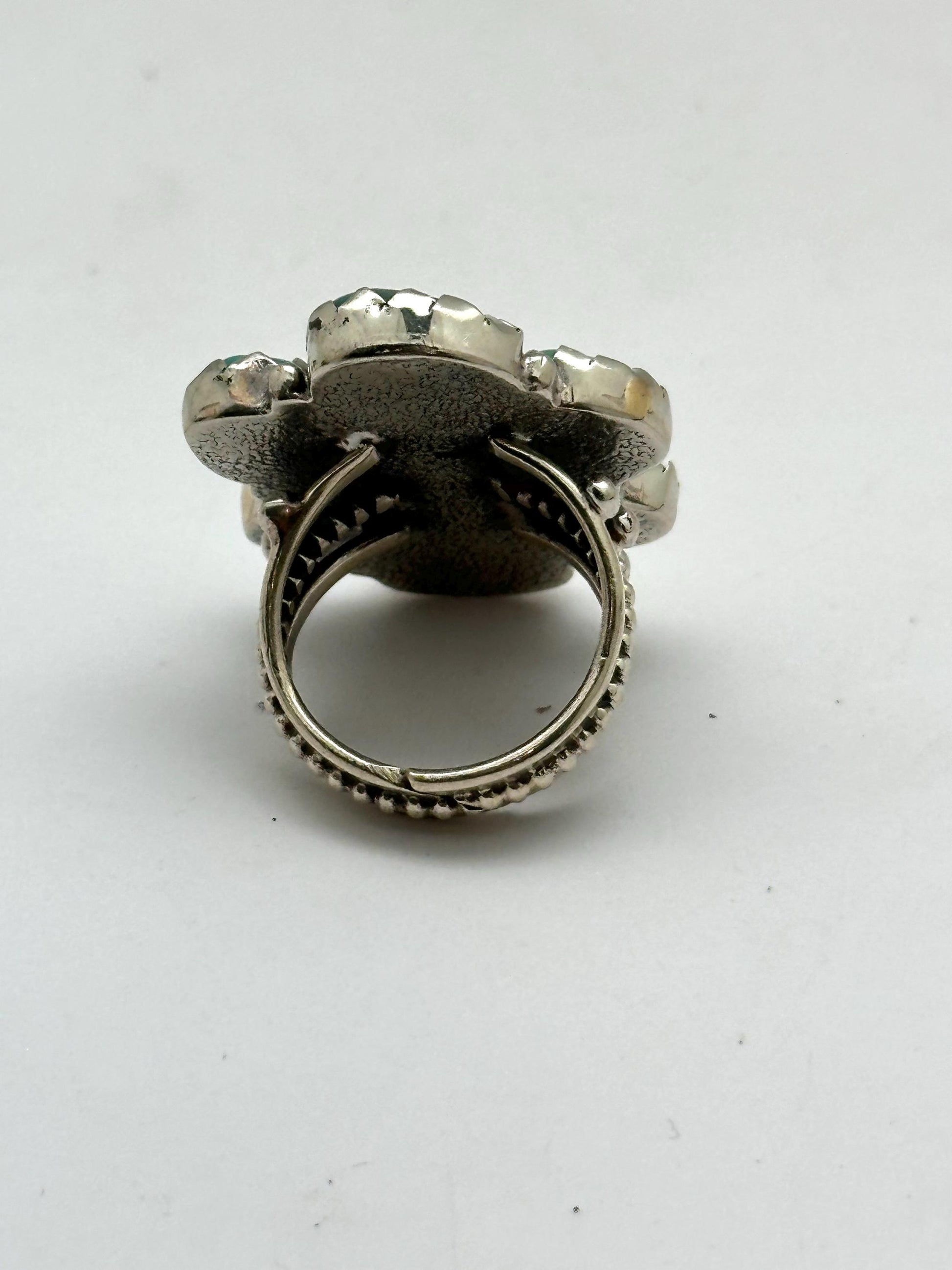 Handcrafted Turquoise Floral Ring, Tibetan Repousse Silver, Ethnic Style, Adjustable