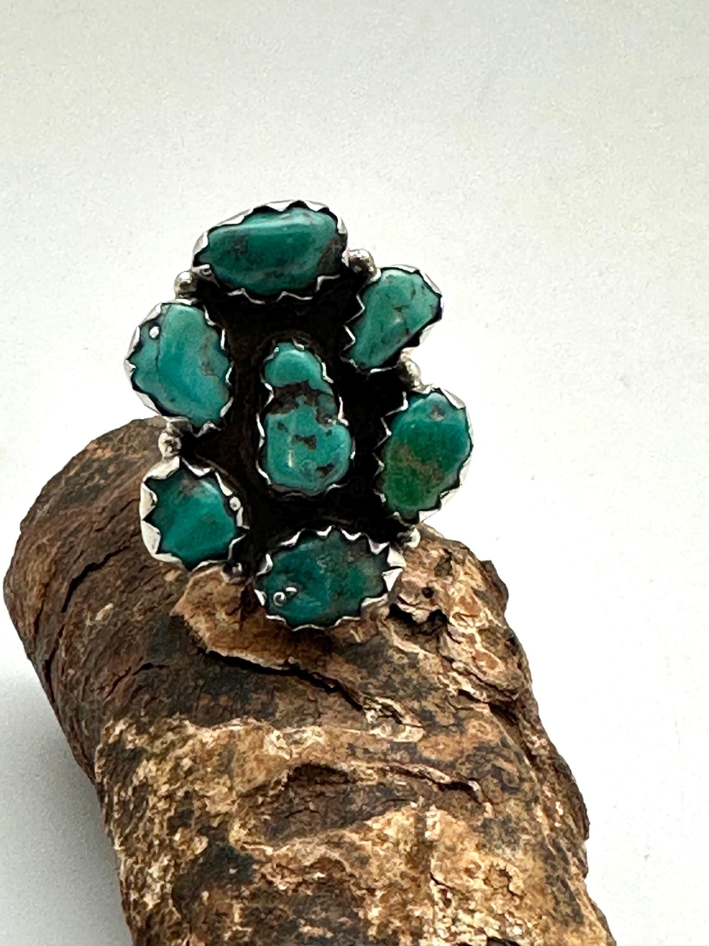 Handcrafted Turquoise Floral Ring, Tibetan Repousse Silver, Ethnic Style, Adjustable