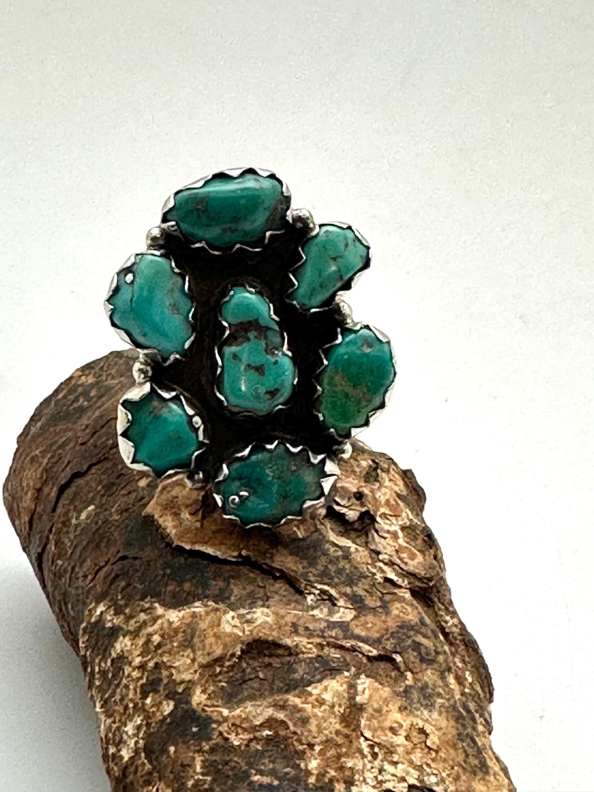 Handcrafted Turquoise Floral Ring, Tibetan Repousse Silver, Ethnic Style, Adjustable