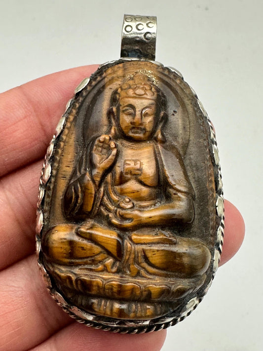 Handcarved, Tigereye Buddha pendant,Tibetan silver,Meditation,Spiritual,35mmX60mm