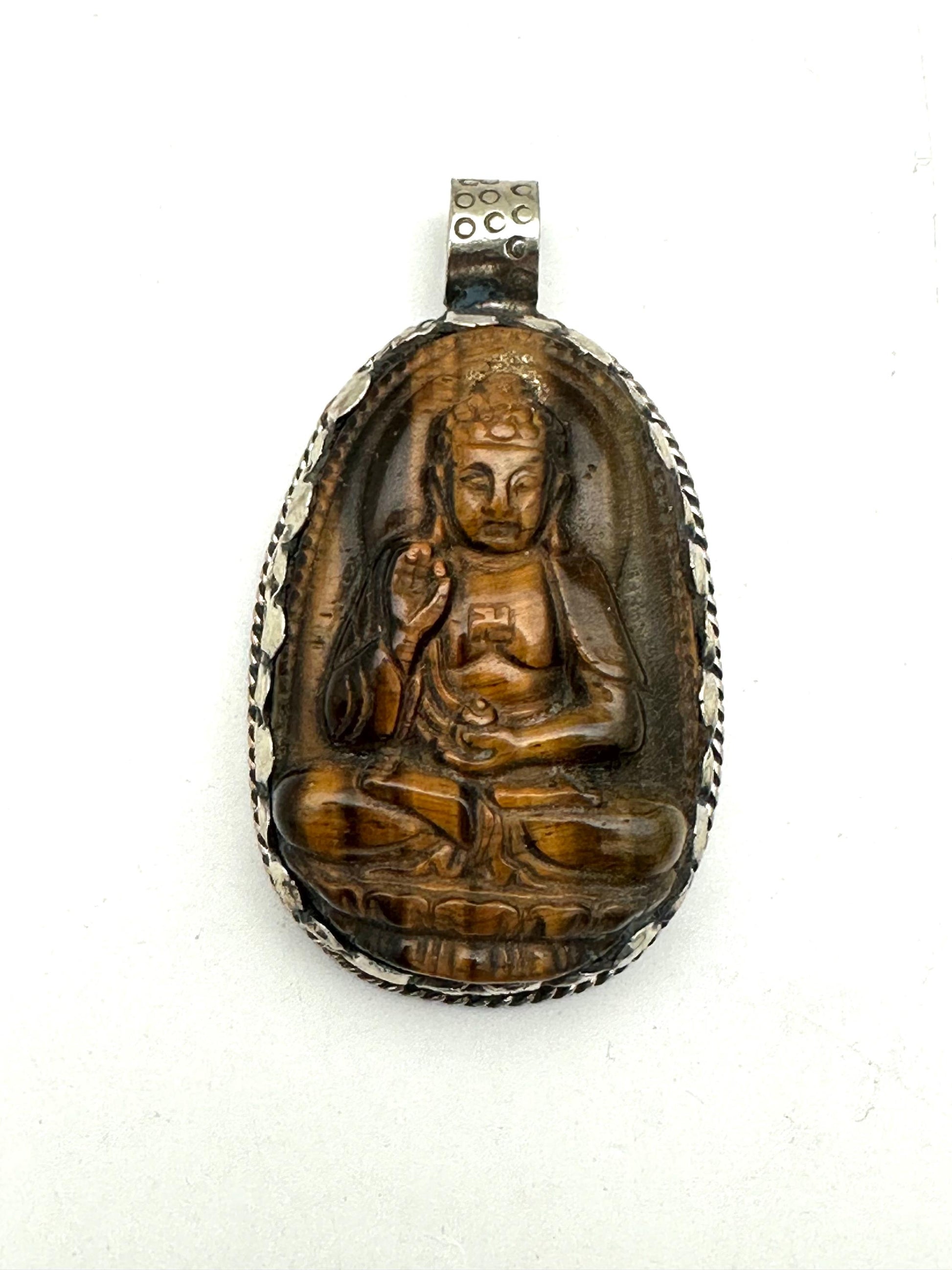Handcarved, Tigereye Buddha pendant,Tibetan silver,Meditation,Spiritual,35mmX60mm