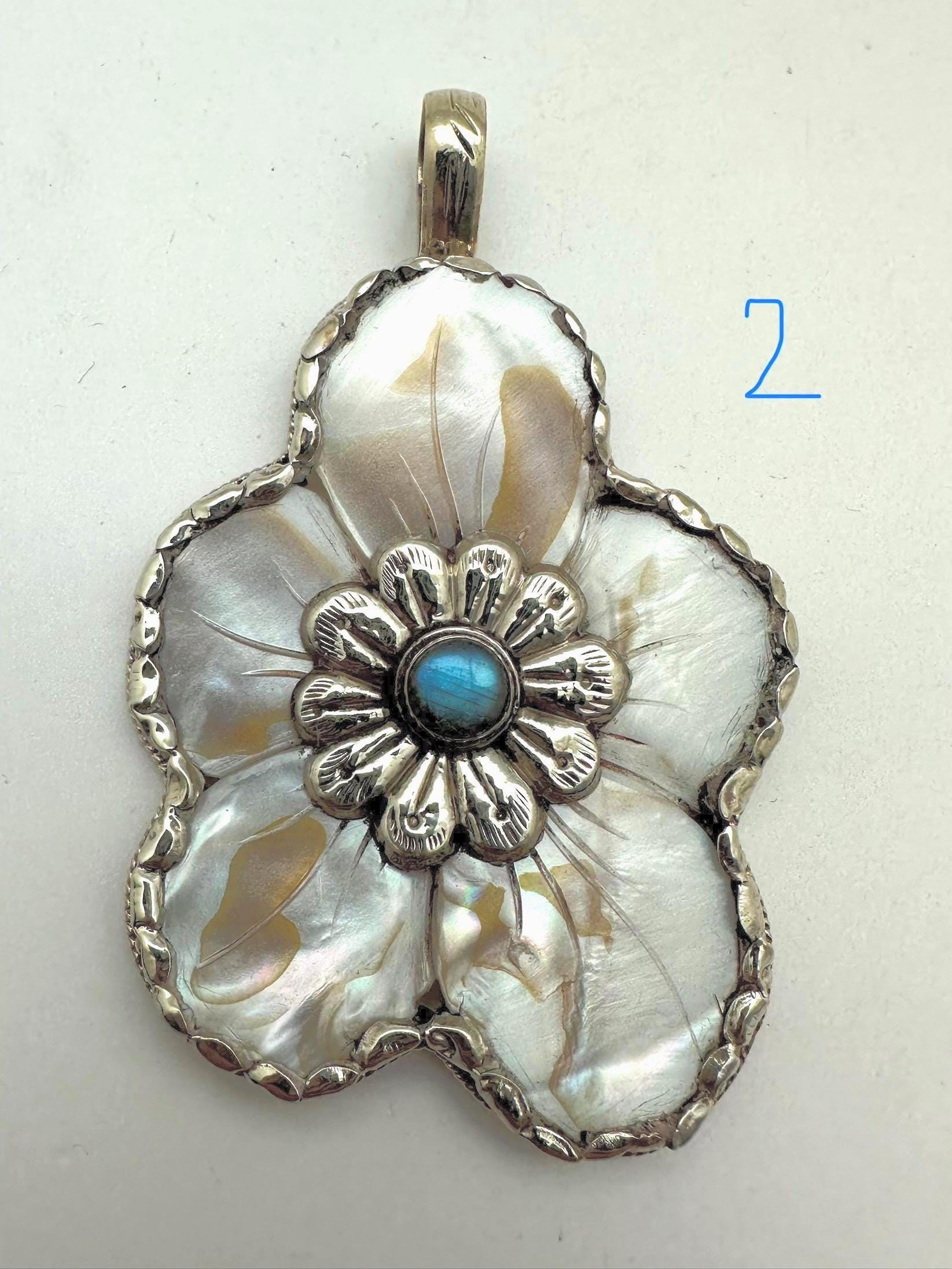 Abolone flower pendant,moonstone,lapis,labradorite,turquoise Tibetan silver, handcrafted,Nepalese