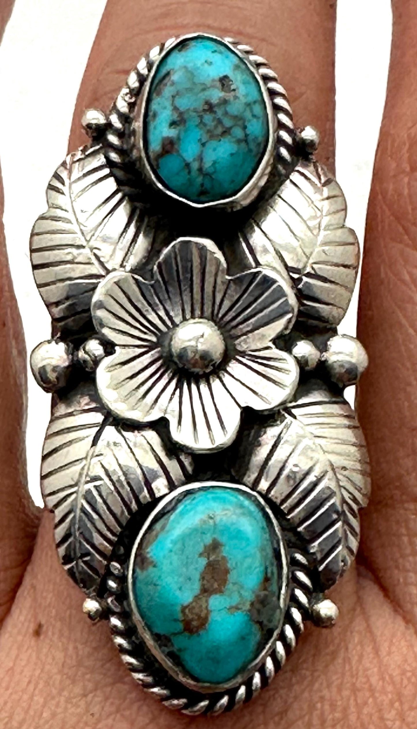 Turquoise ring, handcrafted, Tibetan silver, floral design,ethnic style,adjustable ,43mmX24mm weighs about 13gm