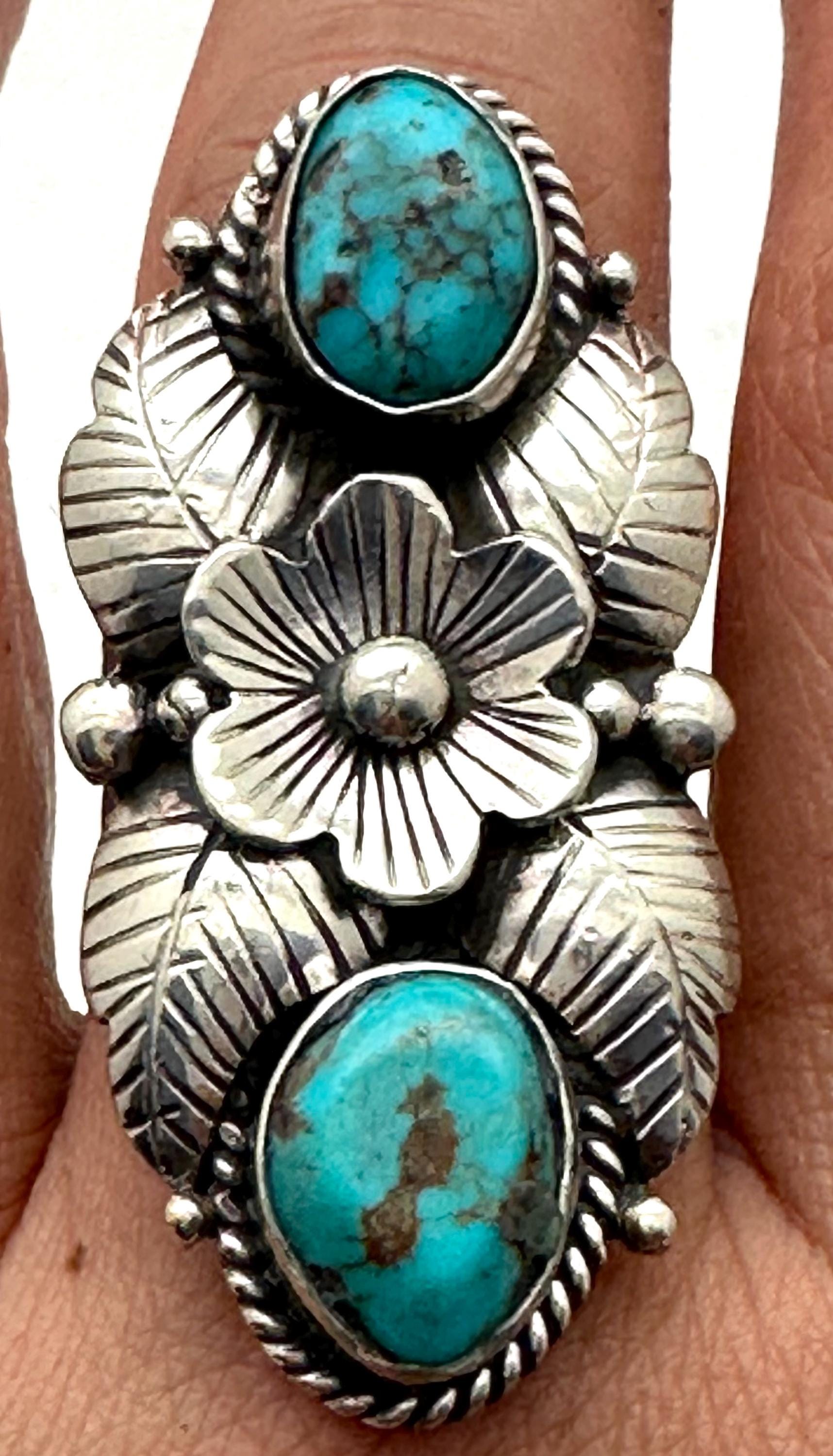 Turquoise ring, handcrafted, Tibetan silver, floral design,ethnic style,adjustable ,43mmX24mm weighs about 13gm