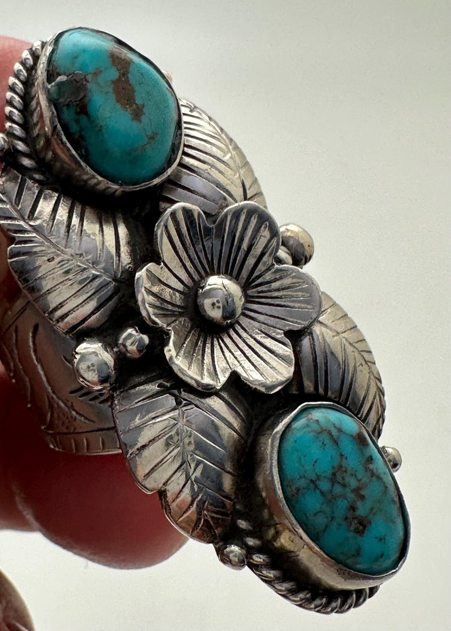 Turquoise ring, handcrafted, Tibetan silver, floral design,ethnic style,adjustable ,43mmX24mm weighs about 13gm