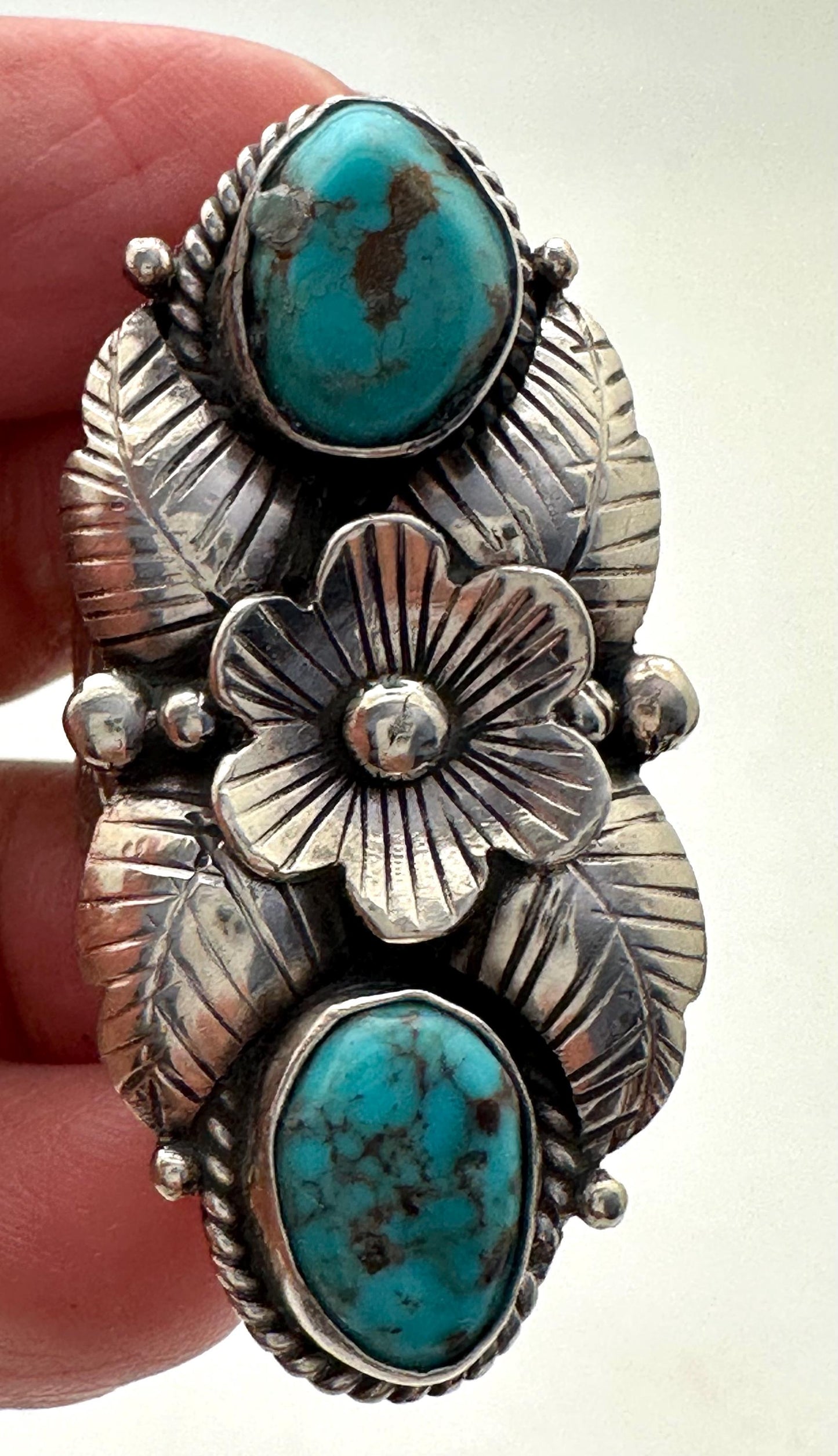 Turquoise ring, handcrafted, Tibetan silver, floral design,ethnic style,adjustable ,43mmX24mm weighs about 13gm