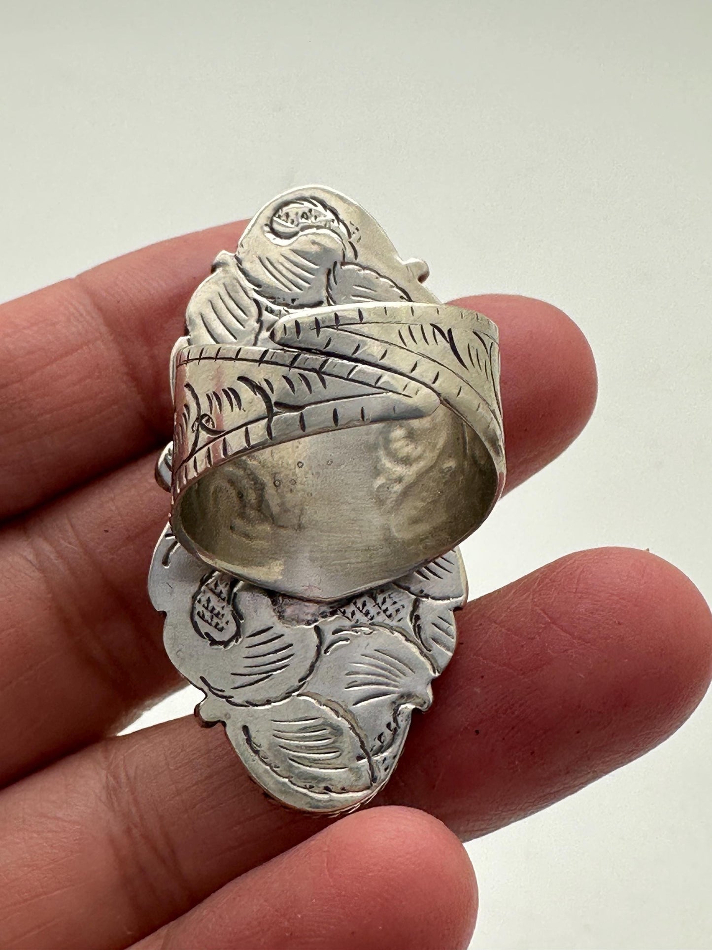 Turquoise ring, handcrafted, Tibetan silver, floral design,ethnic style,adjustable ,43mmX24mm weighs about 13gm
