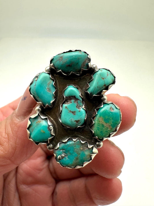 Handcrafted Turquoise Floral Ring, Tibetan Repousse Silver, Ethnic Style, Adjustable