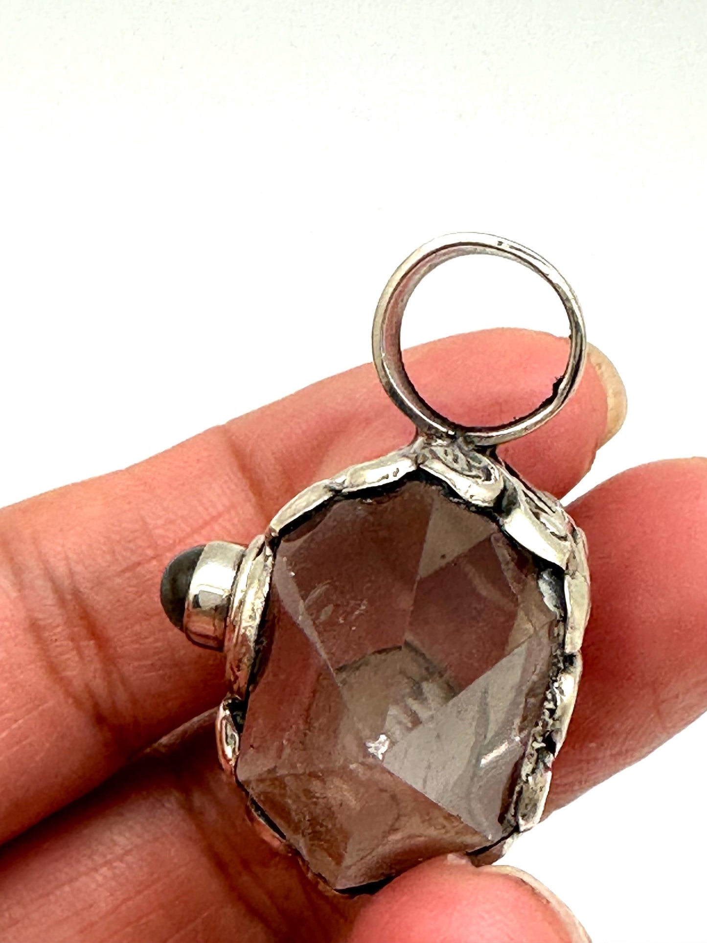 Handcrafted Quartz Double Point Pendant, Tibetan Repousse Silver, Labradorite (30mmX36mm)