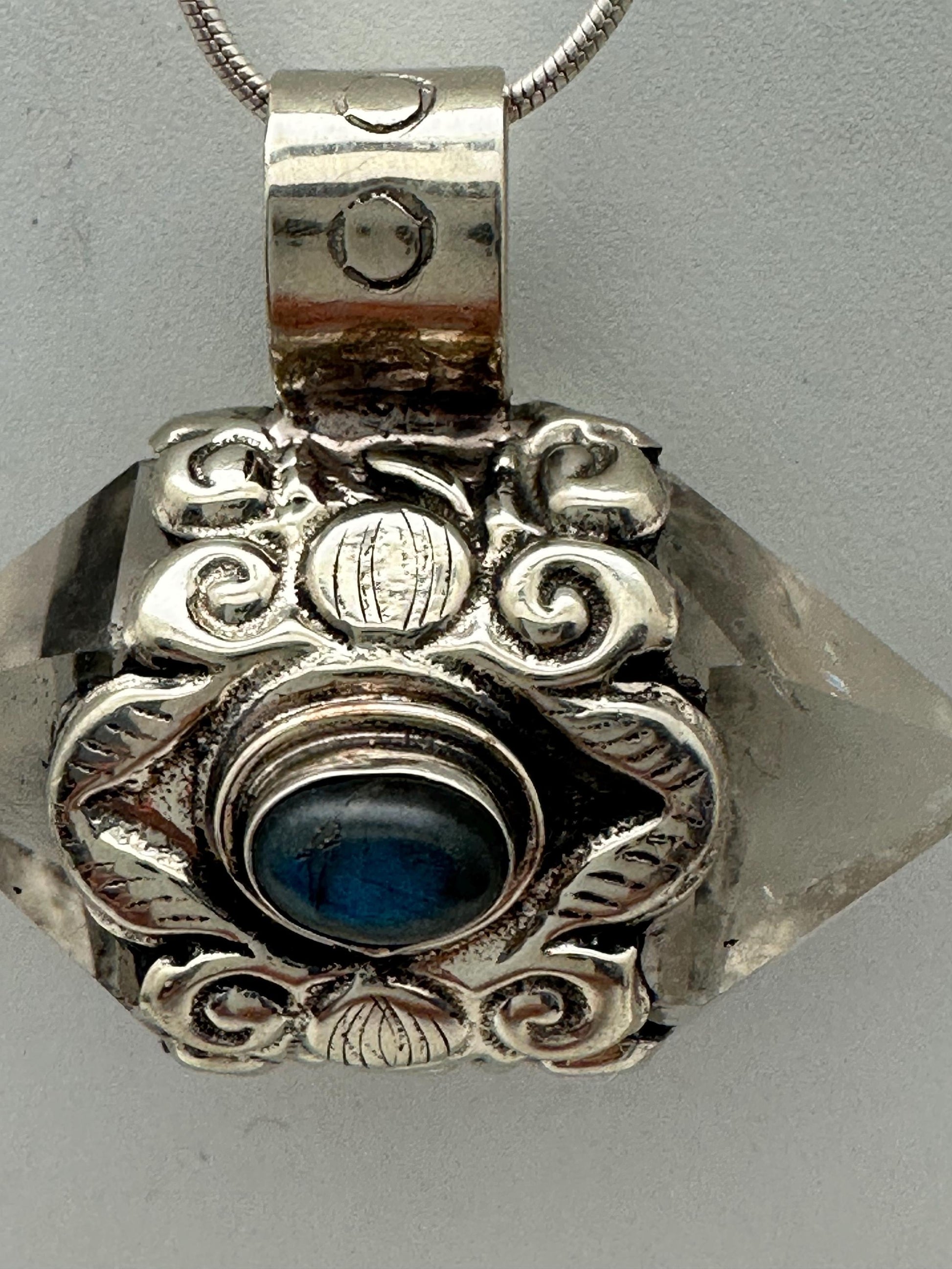 Handcrafted Quartz Double Point Pendant, Tibetan Repousse Silver, Labradorite (30mmX36mm)