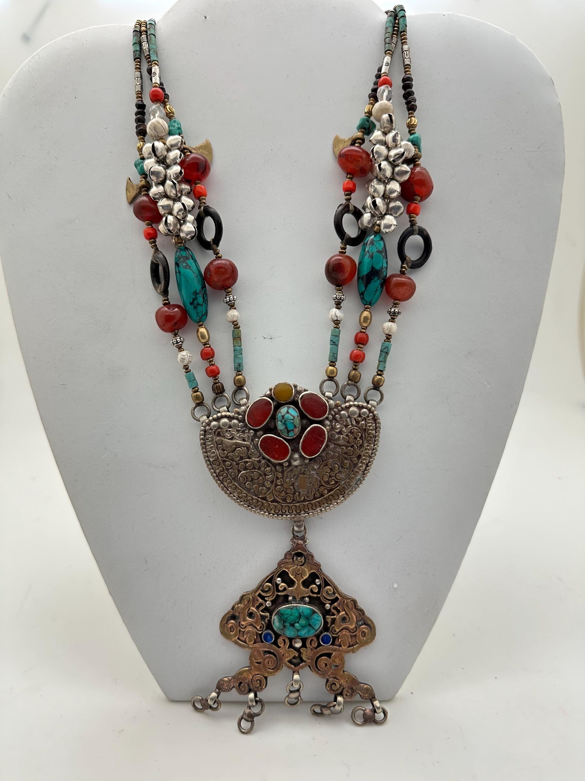 Himalayan Turquoise Coral Carnelian Quartz Brass Necklace, Tibetan Silver Ethnic Jewelry
