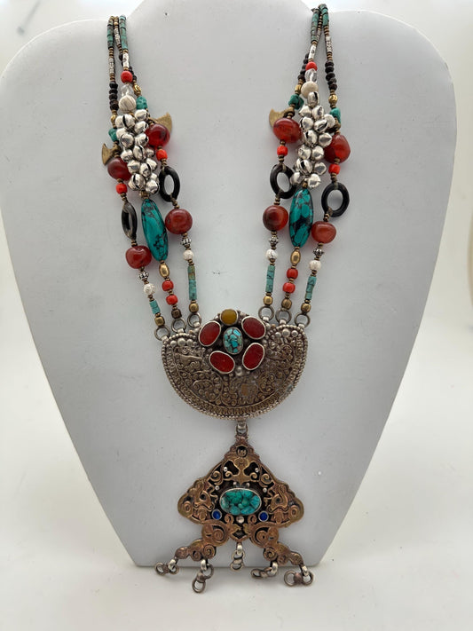 Himalayan Turquoise Coral Carnelian Quartz Brass Necklace, Tibetan Silver Ethnic Jewelry