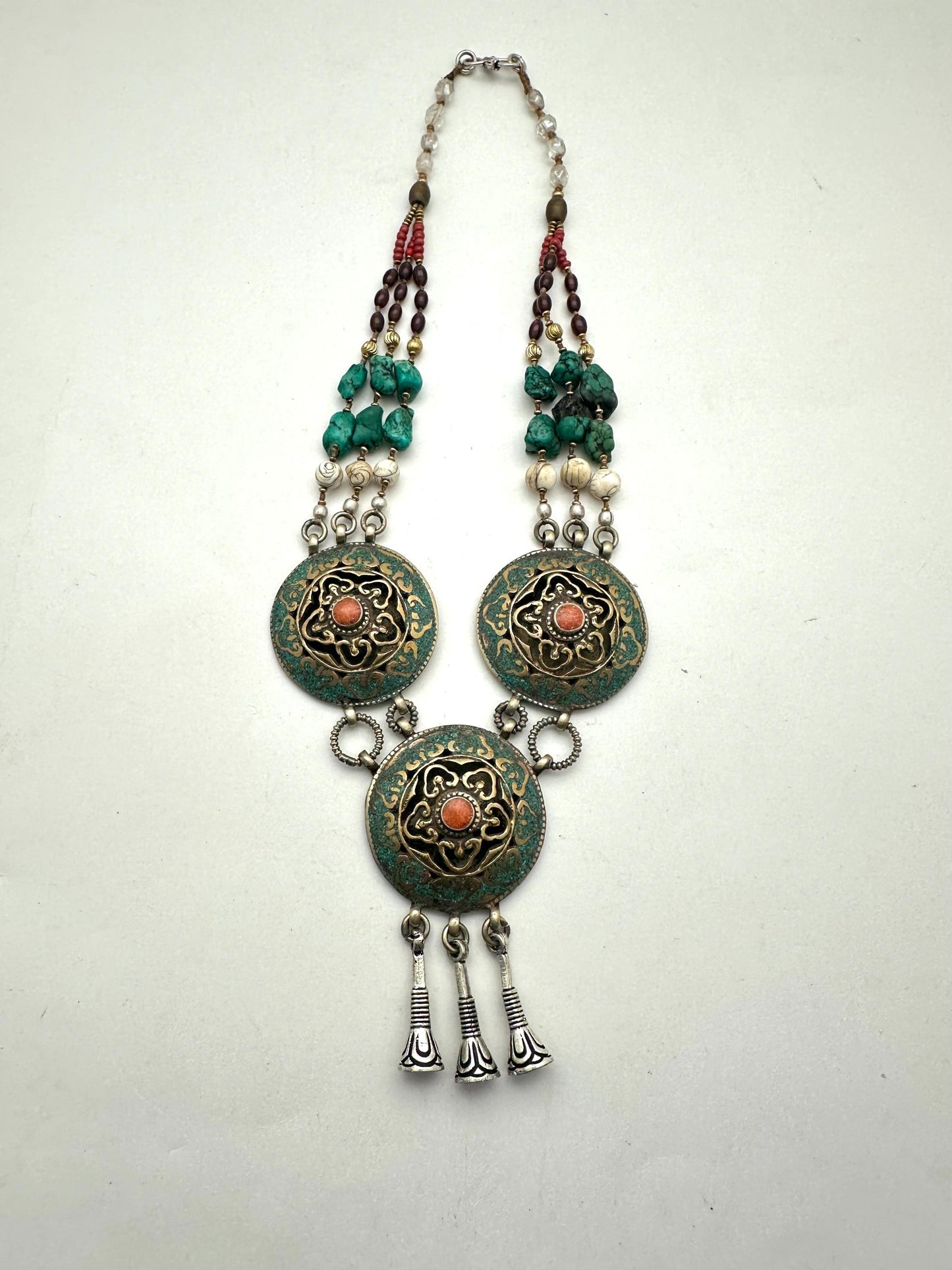 Turquoise,coral,shell,brass,Tibetan silver,Quartz crystal,beaded necklace ,ethnic,Himalayan, Tibetan jewelry