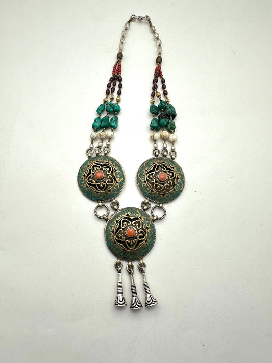 Turquoise,coral,shell,brass,Tibetan silver,Quartz crystal,beaded necklace ,ethnic,Himalayan, Tibetan jewelry