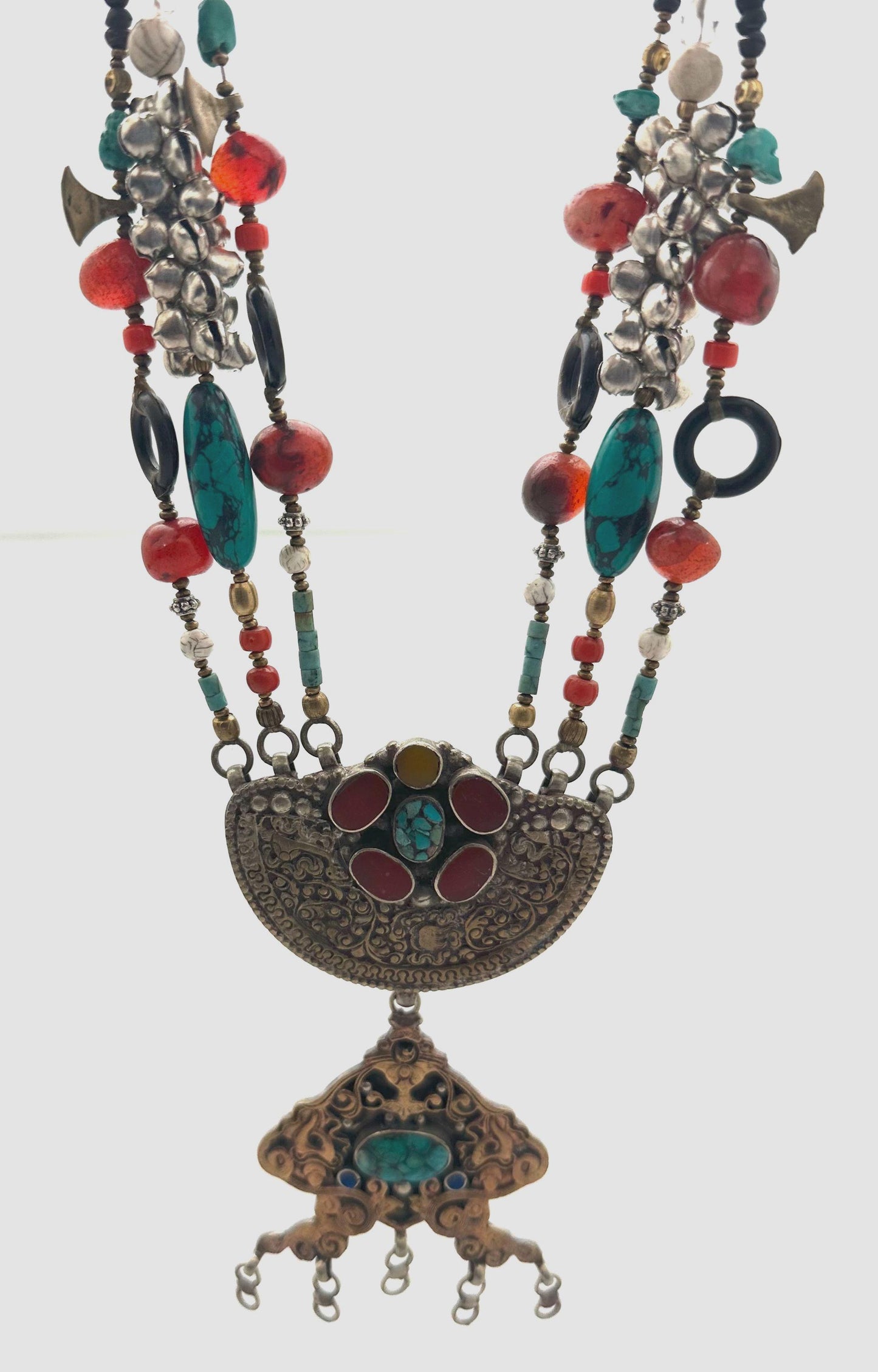 Himalayan Turquoise Coral Carnelian Quartz Brass Necklace, Tibetan Silver Ethnic Jewelry