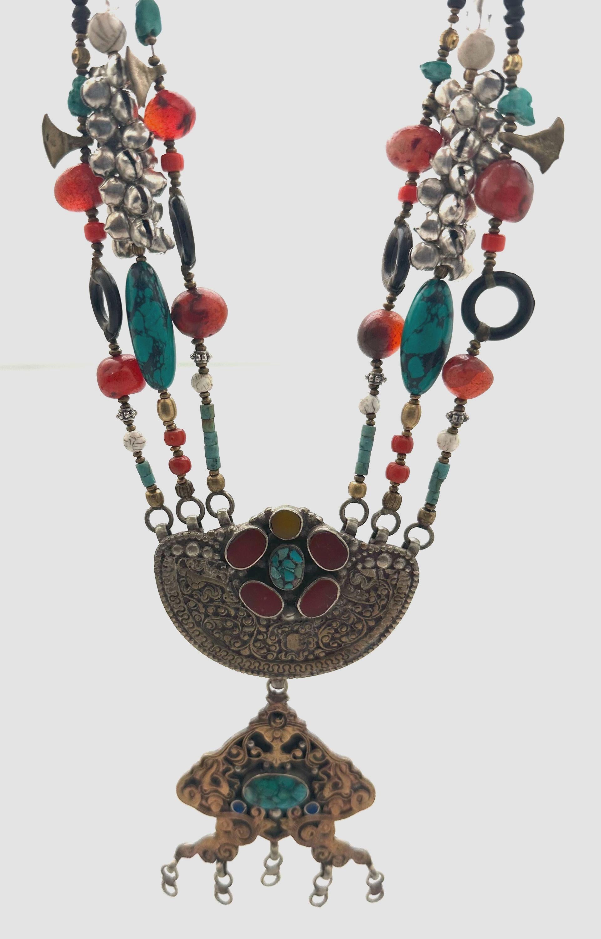Himalayan Turquoise Coral Carnelian Quartz Brass Necklace, Tibetan Silver Ethnic Jewelry