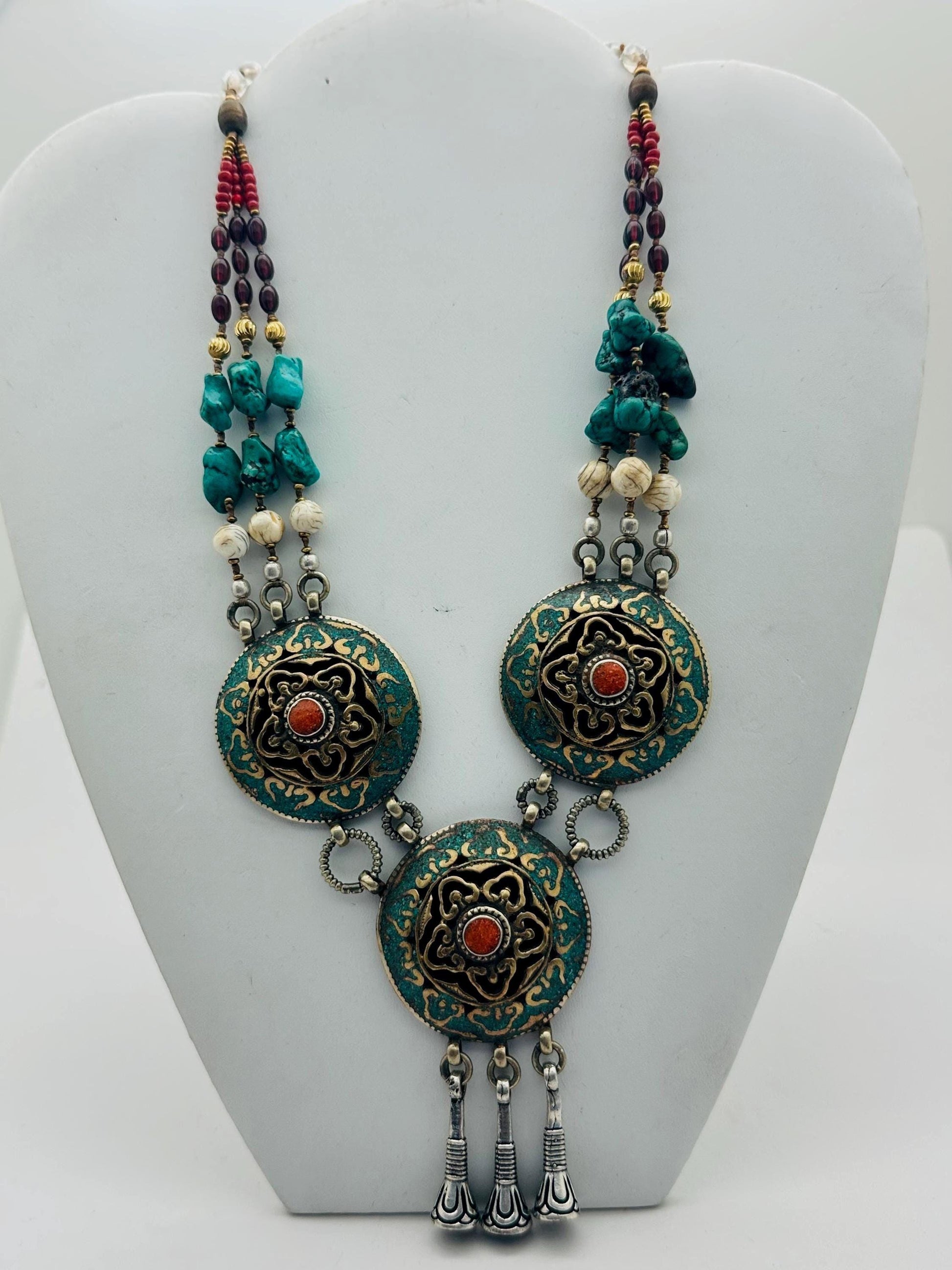Turquoise,coral,shell,brass,Tibetan silver,Quartz crystal,beaded necklace ,ethnic,Himalayan, Tibetan jewelry