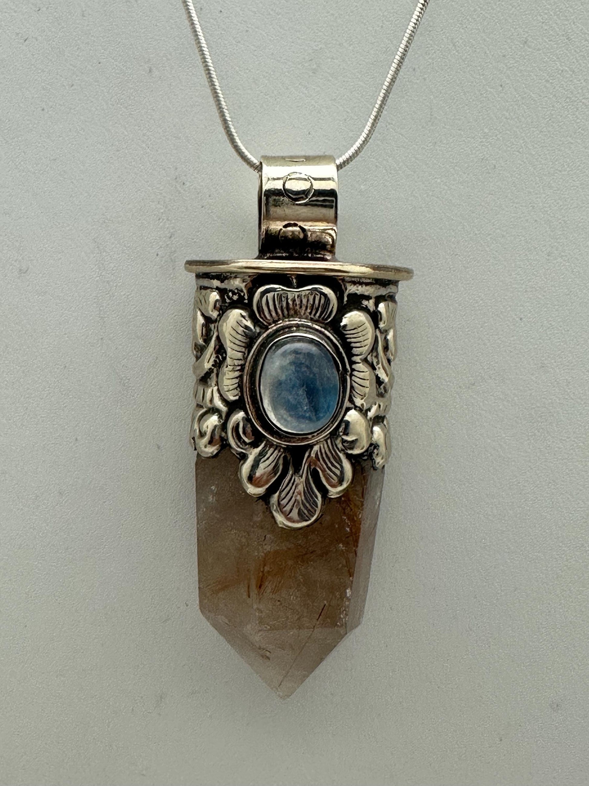 Golden Redulited point pendant, moonstone, handcrafted, Tibetan silver,ethnic style,56X18mm