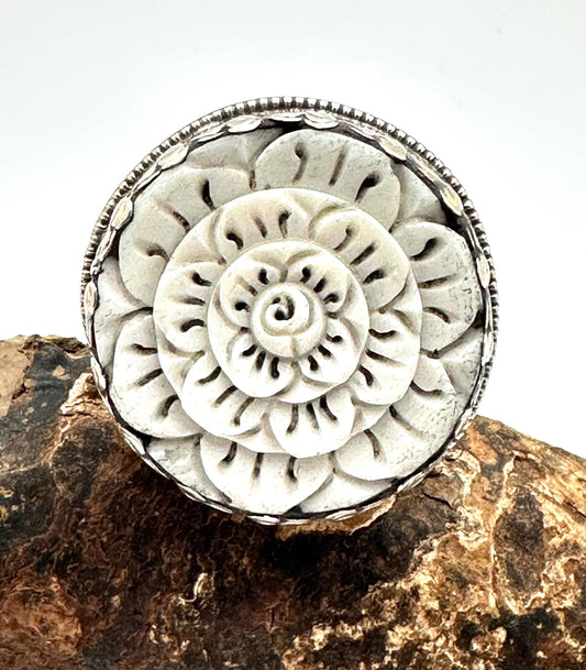 Bone carved flower,adjustable ring,handcrafted, Tibetan silver,Nepalese