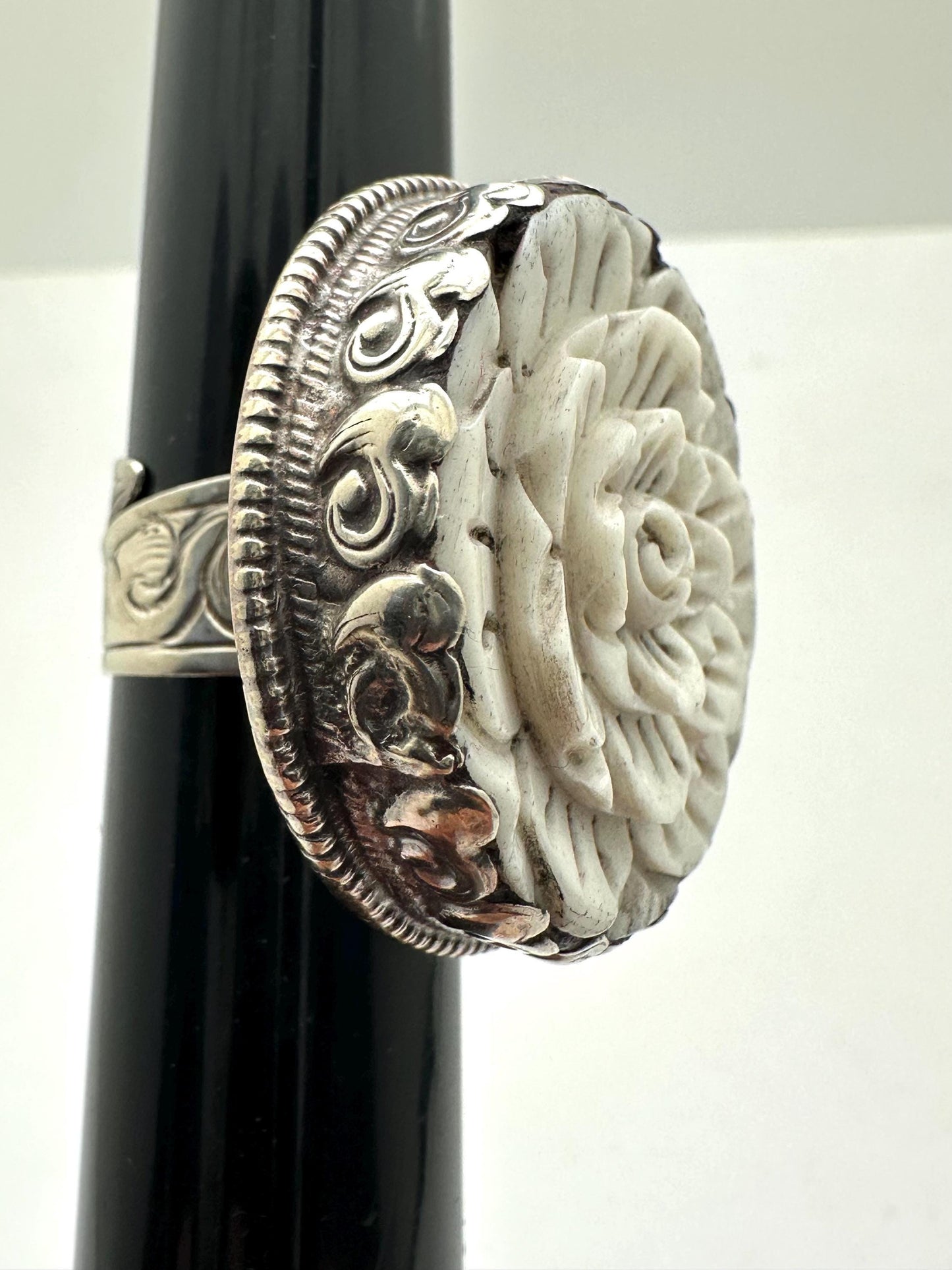 Bone carved flower,adjustable ring,handcrafted, Tibetan silver,Nepalese